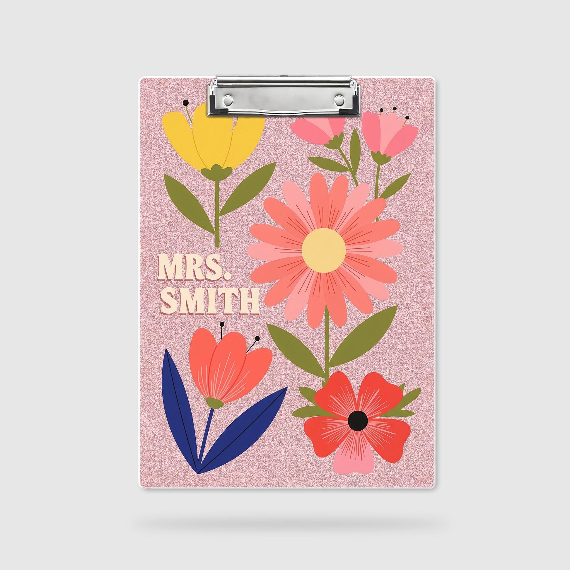 Custom Floral Clipboard, Personalized Teacher Clipboard, Cute Name Clip Board, Pink Faux Glitter Office Gift, Custom Gift for Women