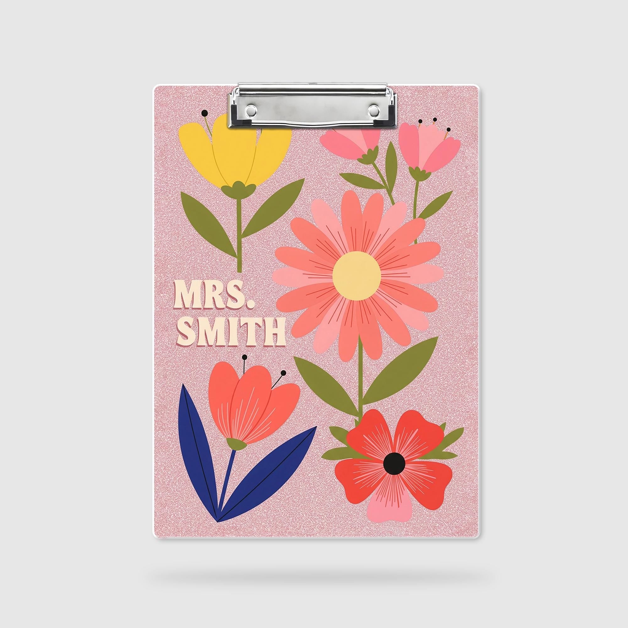 Custom Floral Clipboard, Personalized Teacher Clipboard, Cute Name Clip Board, Pink Faux Glitter Office Gift, Custom Gift for Women