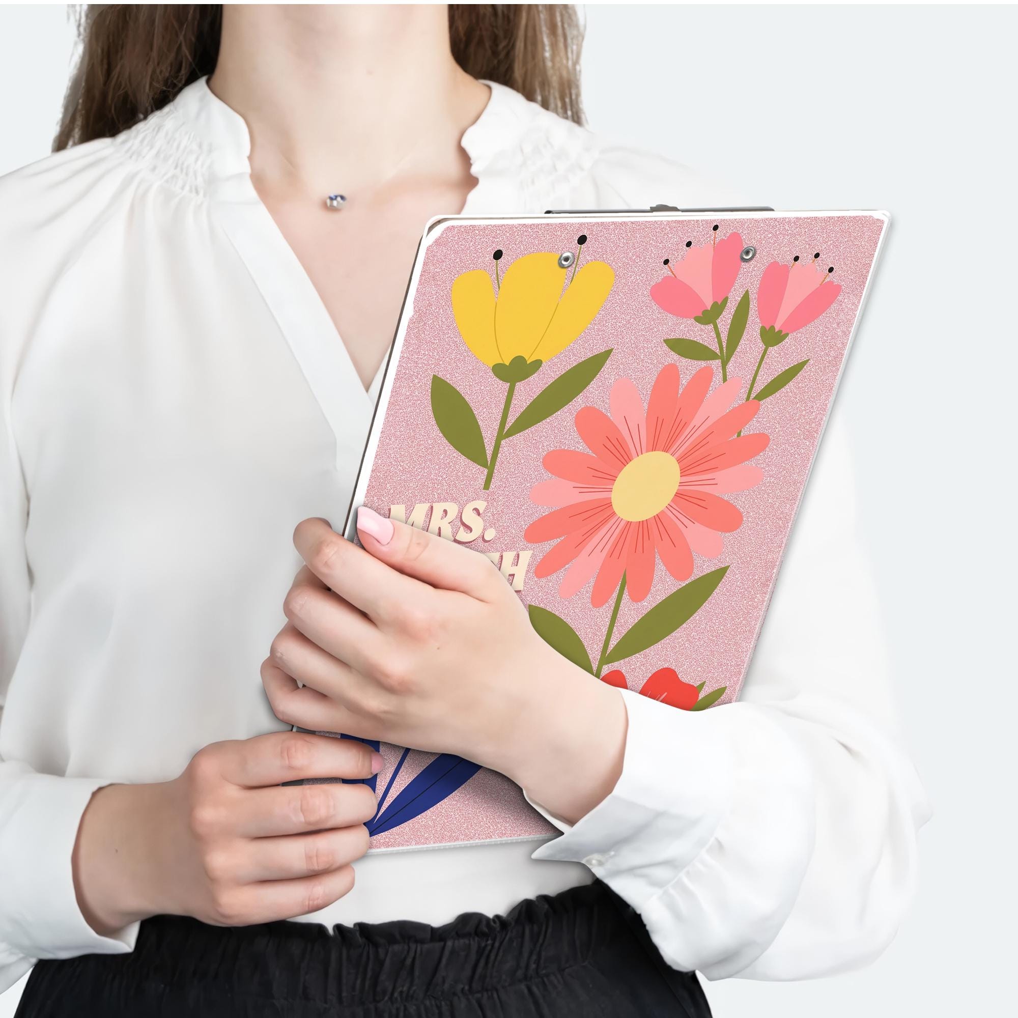 Custom Floral Clipboard, Personalized Teacher Clipboard, Cute Name Clip Board, Pink Faux Glitter Office Gift, Custom Gift for Women