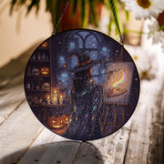 Witch Painting Suncatcher – Halloween Rainbow Art Glass Decor, Spooky Witchy Window Hanging