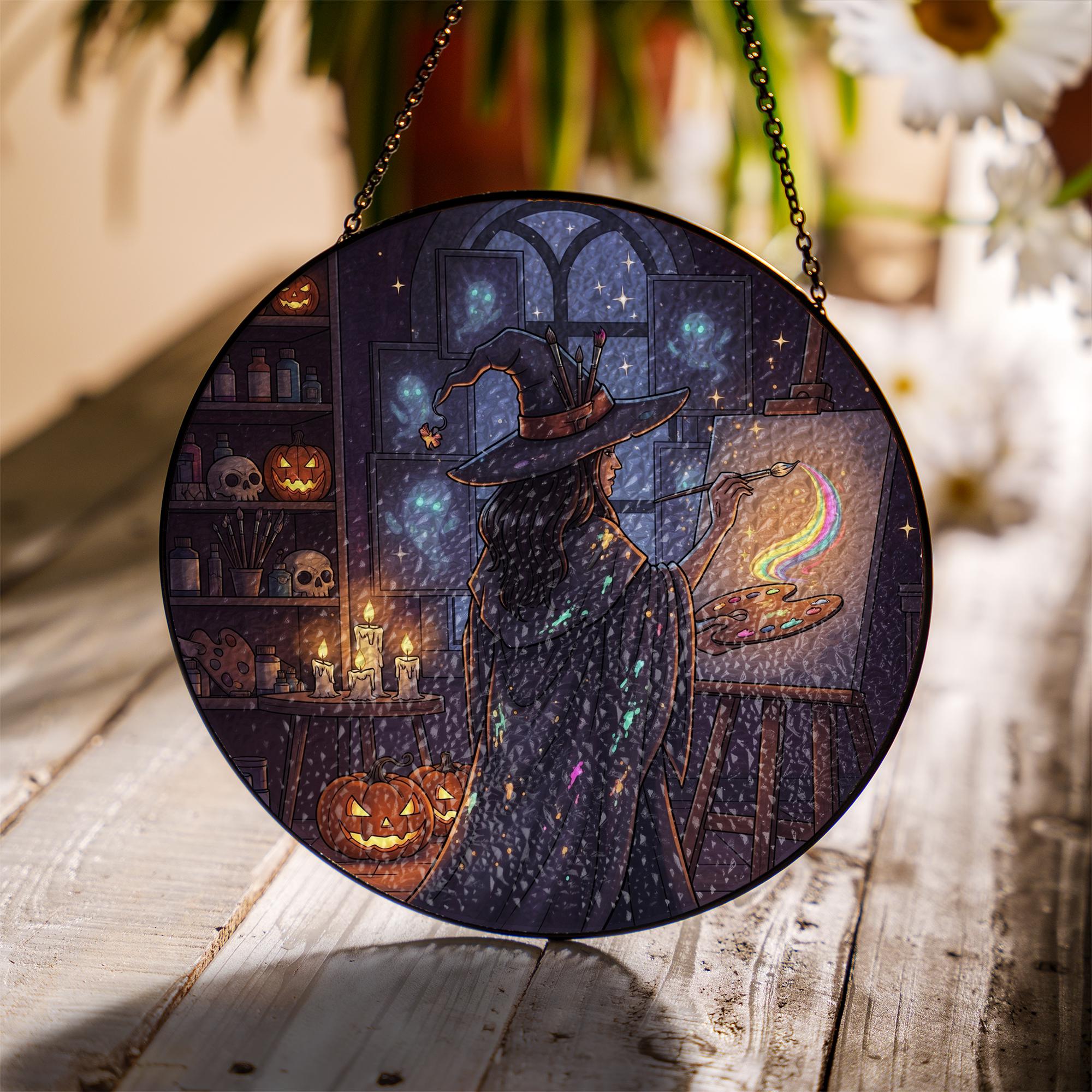 Witch Painting Suncatcher – Halloween Rainbow Art Glass Decor, Spooky Witchy Window Hanging