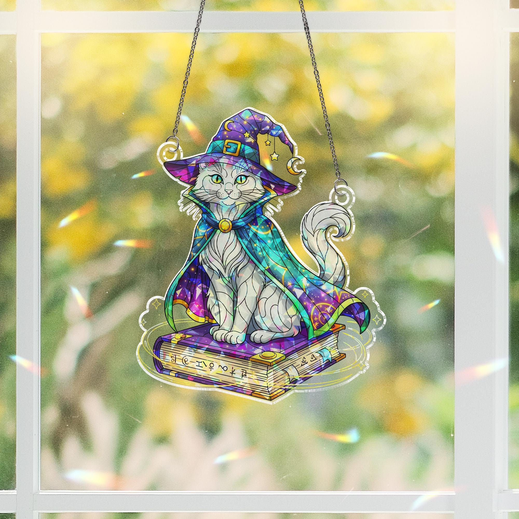 Wizard Cat Suncatcher – Magical Halloween Window Decor, Witchy Kitty on Spellbook Art Glass