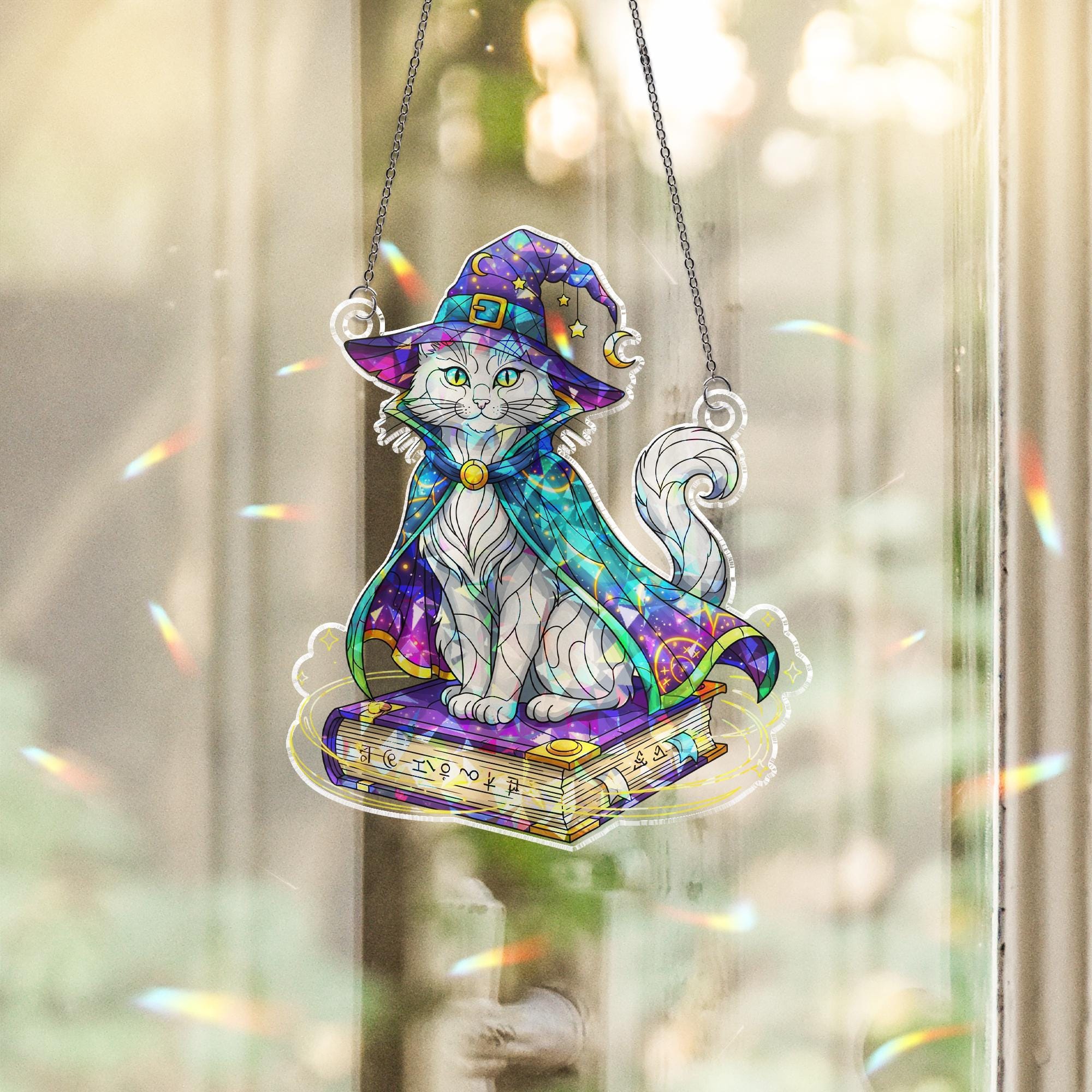 Wizard Cat Suncatcher – Magical Halloween Window Decor, Witchy Kitty on Spellbook Art Glass