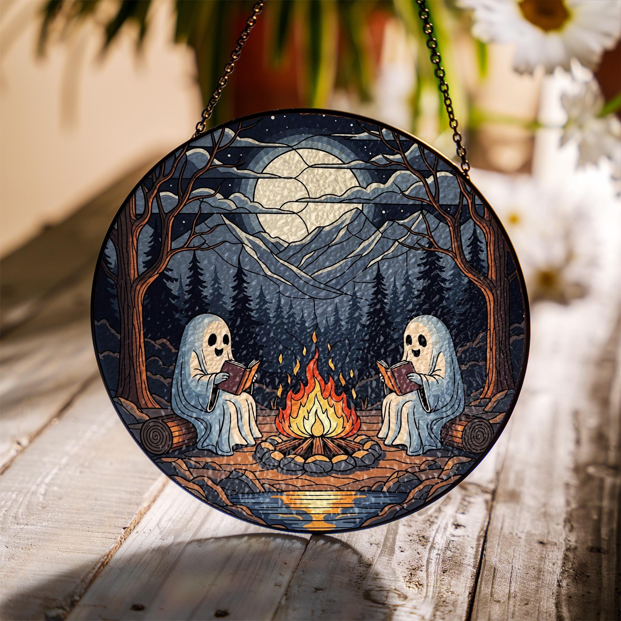 Spooky Ghost Campfire Stained Glass Art, Halloween Decor, Cottagecore Nature Lover Gift, Woodland Forest Moon Night Light