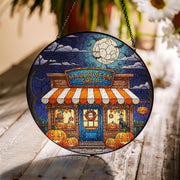 Halloween Shop Stained Glass Art, Spooky Storefront Decor, Pumpkin Home Accent, Autumn Fall Window Hanging