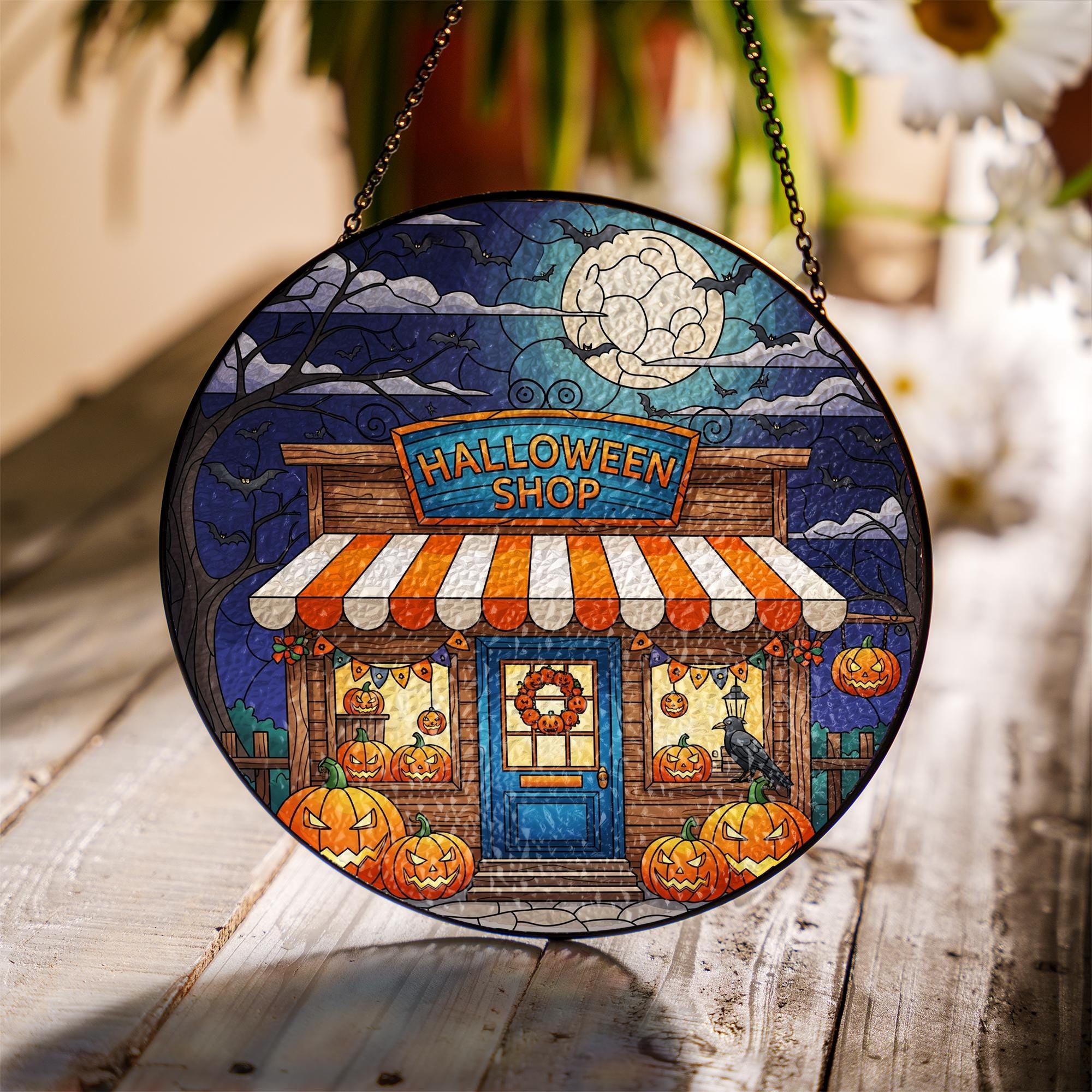 Halloween Shop Stained Glass Art, Spooky Storefront Decor, Pumpkin Home Accent, Autumn Fall Window Hanging