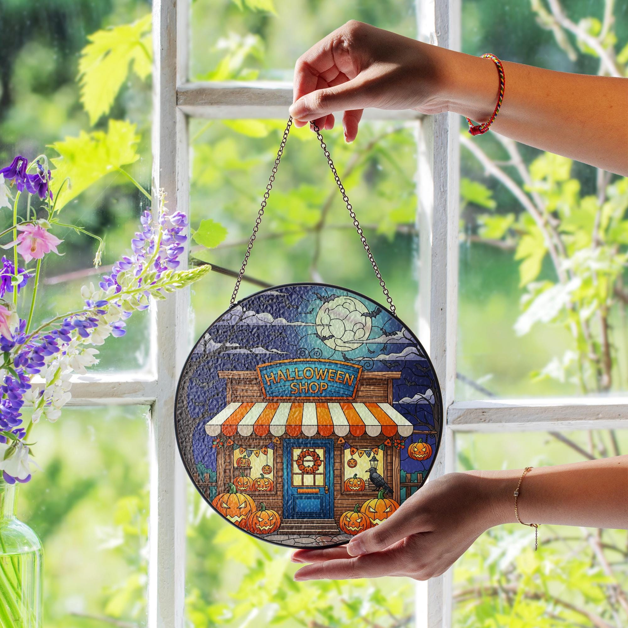 Halloween Shop Stained Glass Art, Spooky Storefront Decor, Pumpkin Home Accent, Autumn Fall Window Hanging