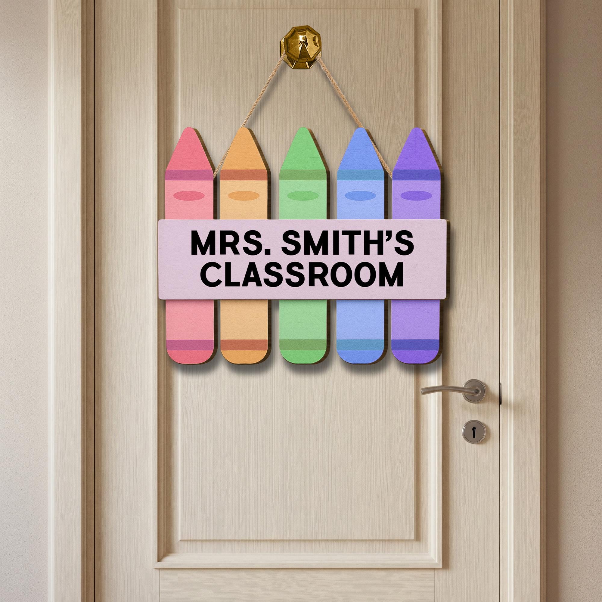 Personalized Teacher Classroom Door Sign – Rainbow Crayon Hanging Sign with Custom Name – Back to School Classroom Decor Gift