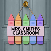 Personalized Teacher Classroom Door Sign – Rainbow Crayon Hanging Sign with Custom Name – Back to School Classroom Decor Gift