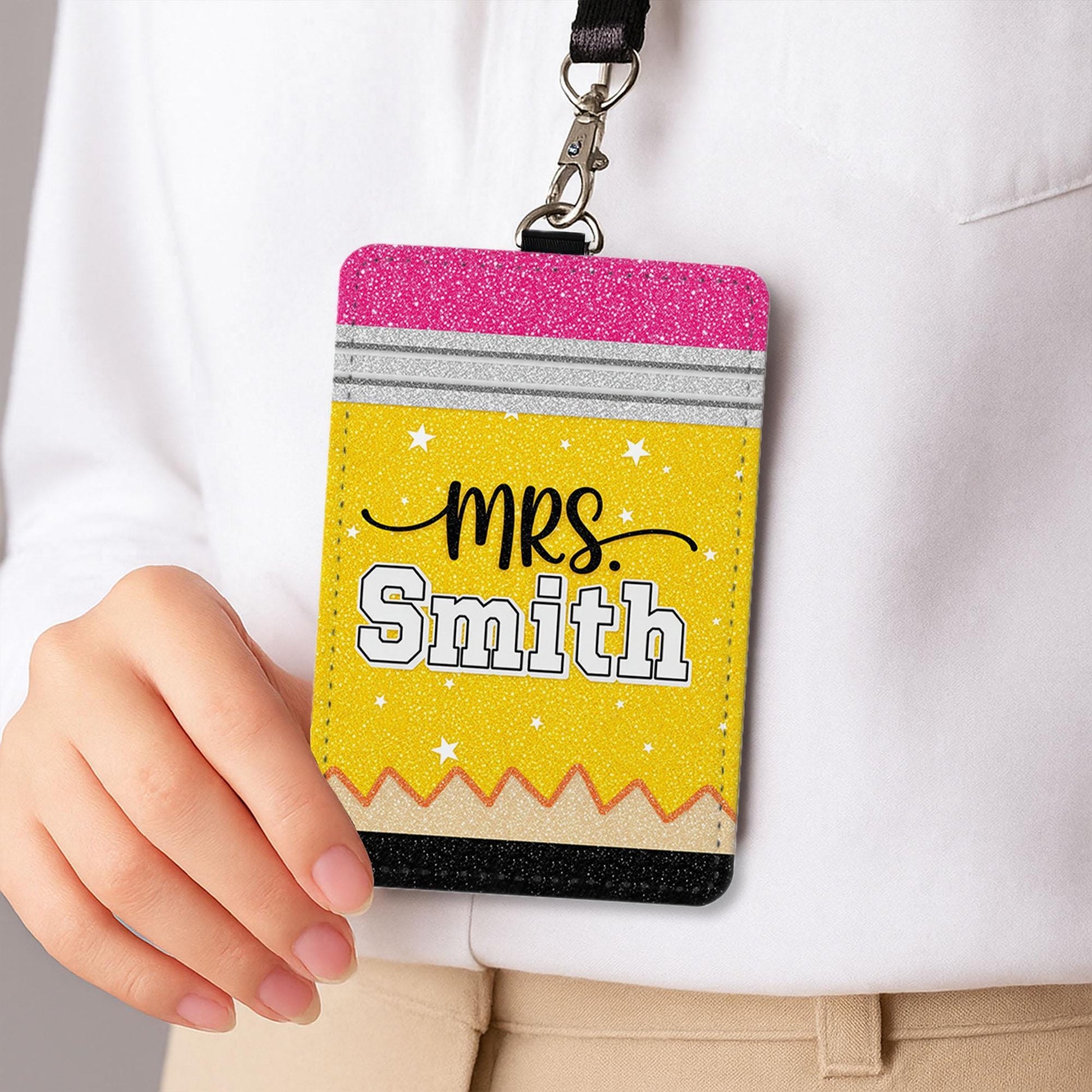Personalized Teacher Leather Badge Holder, Cute Custom ID Tag with Rainbow and Name, Fun Lanyard Accessory, Unique Teacher Gift Idea