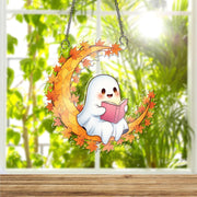 Adorable Ghost Reading Moon Suncatcher, Autumn Maple Leaf Decor, Halloween Window Hanging, Cozy Fall Gift