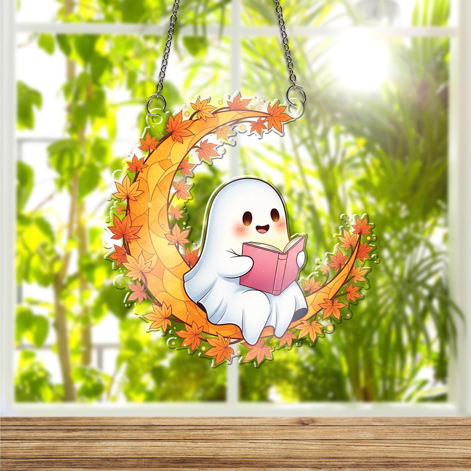 Adorable Ghost Reading Moon Suncatcher, Autumn Maple Leaf Decor, Halloween Window Hanging, Cozy Fall Gift