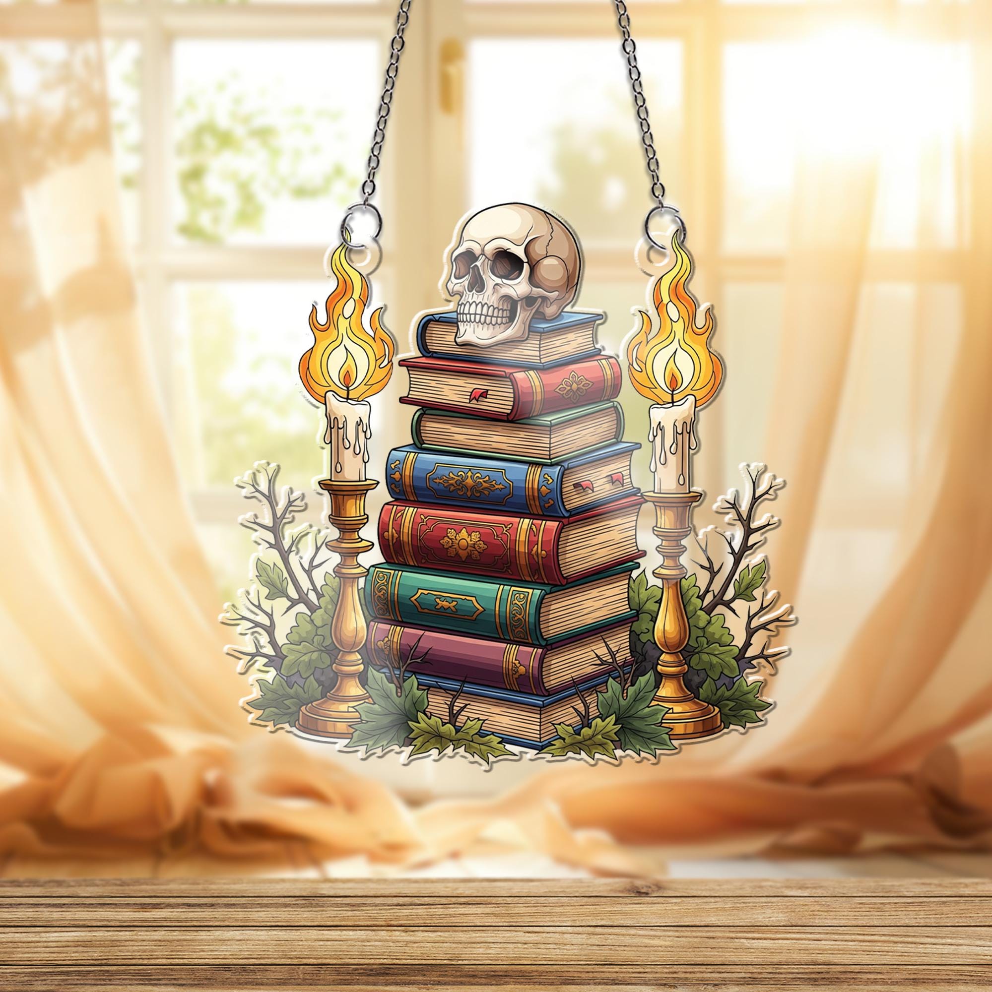 Gothic Skull & Books Suncatcher, Dark Academia Decor, Halloween Window Art, Spooky Home Accent