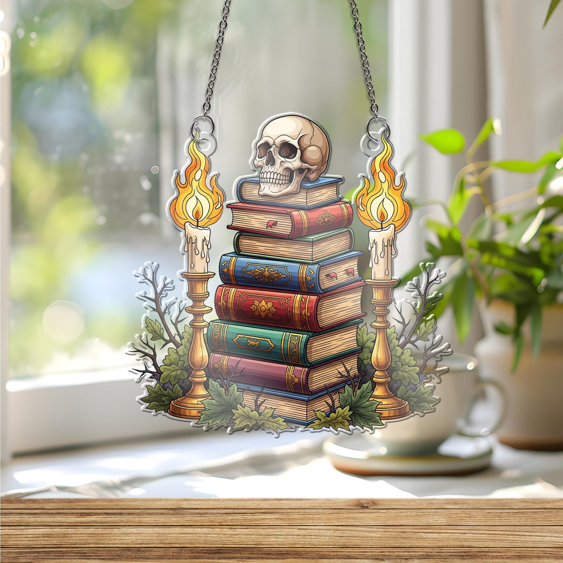 Gothic Skull & Books Suncatcher, Dark Academia Decor, Halloween Window Art, Spooky Home Accent