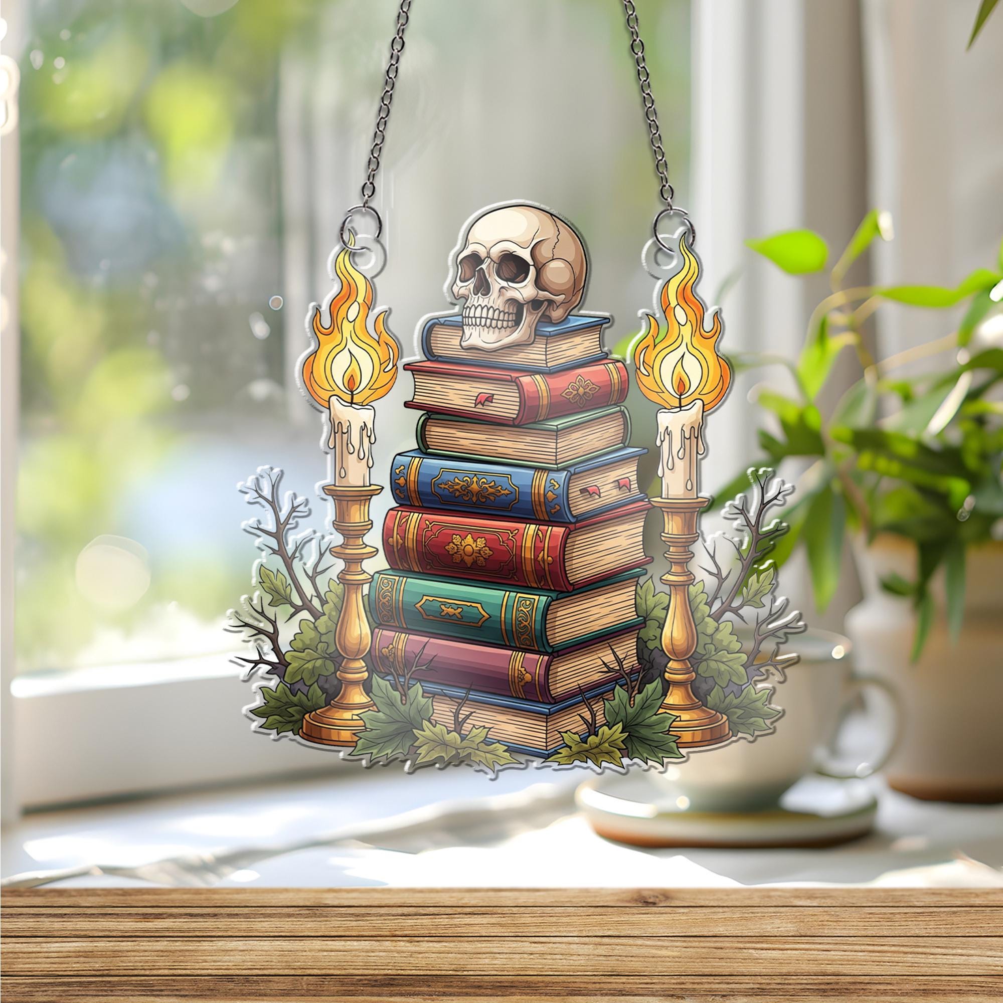 Gothic Skull & Books Suncatcher, Dark Academia Decor, Halloween Window Art, Spooky Home Accent