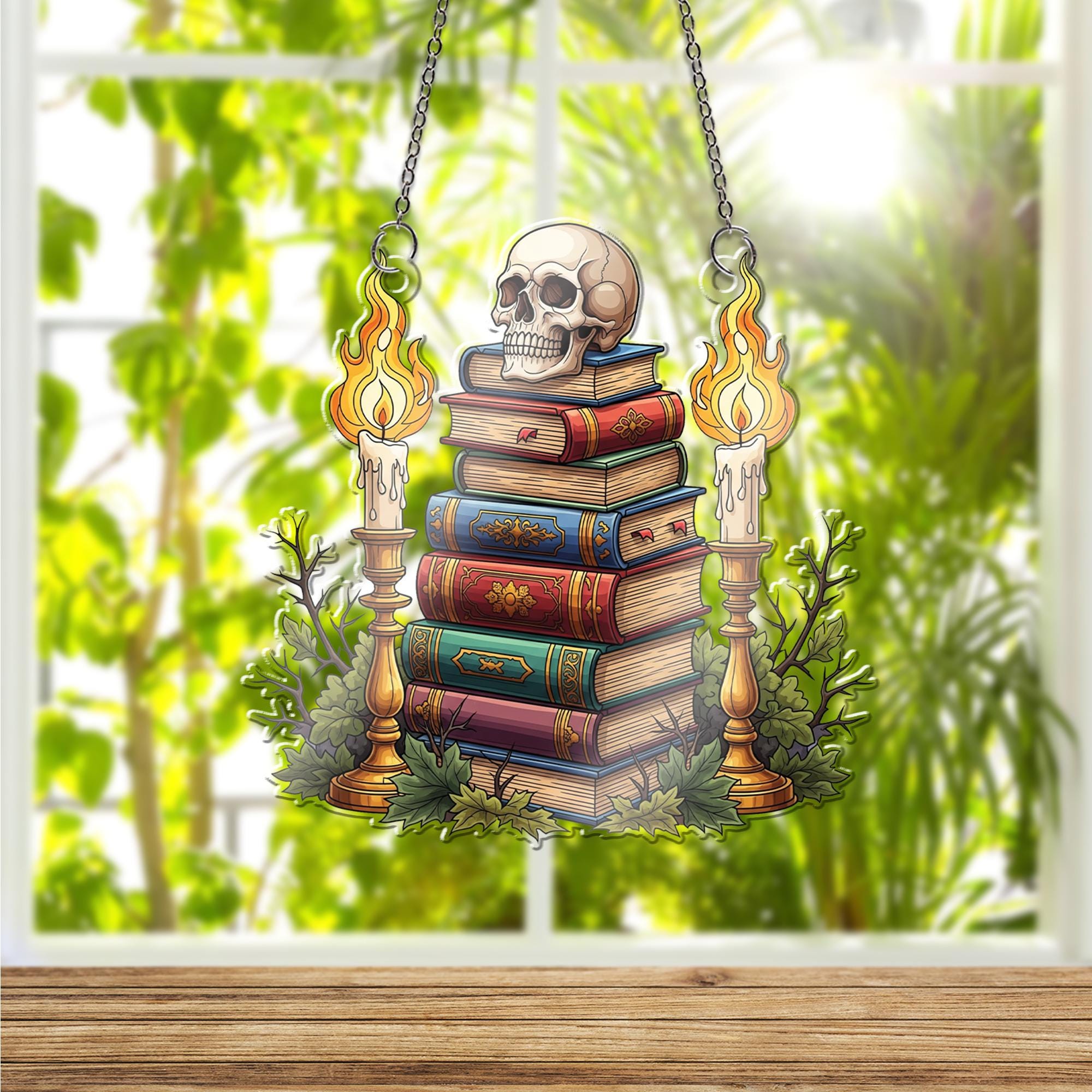 Gothic Skull & Books Suncatcher, Dark Academia Decor, Halloween Window Art, Spooky Home Accent