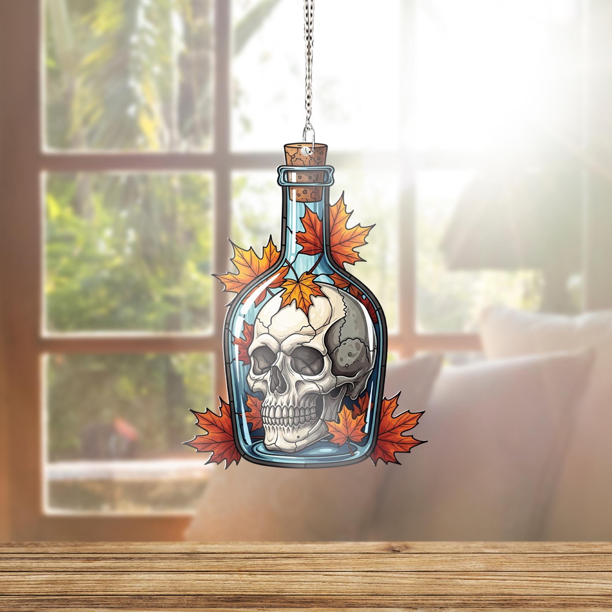 Spooky Skull in Bottle Suncatcher, Autumn Maple Leaf Decor, Halloween Window Hanging, Gothic Home Accent