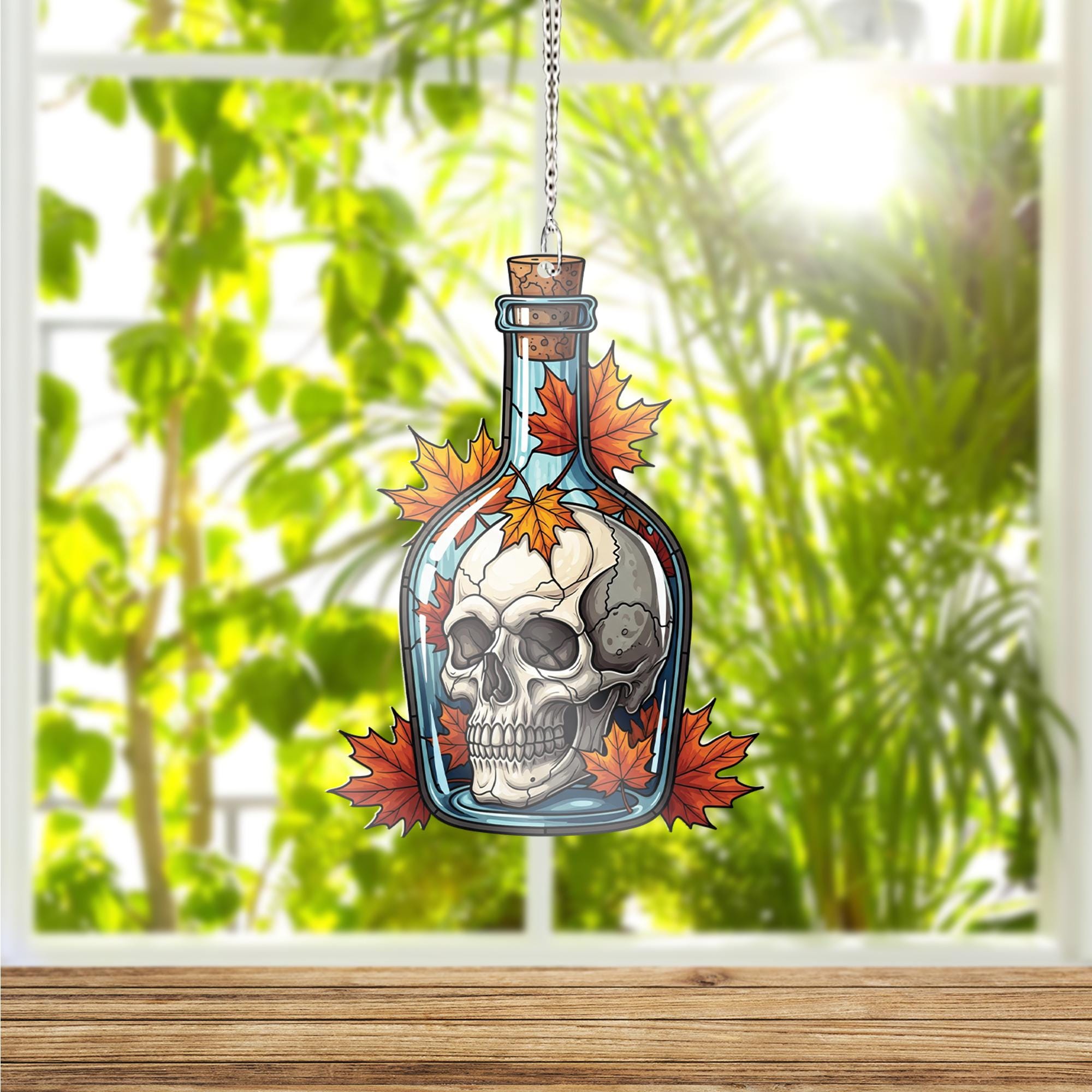 Spooky Skull in Bottle Suncatcher, Autumn Maple Leaf Decor, Halloween Window Hanging, Gothic Home Accent