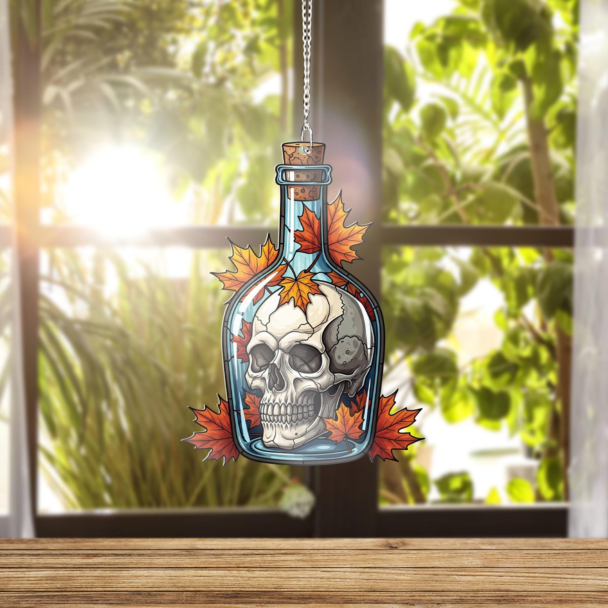 Spooky Skull in Bottle Suncatcher, Autumn Maple Leaf Decor, Halloween Window Hanging, Gothic Home Accent