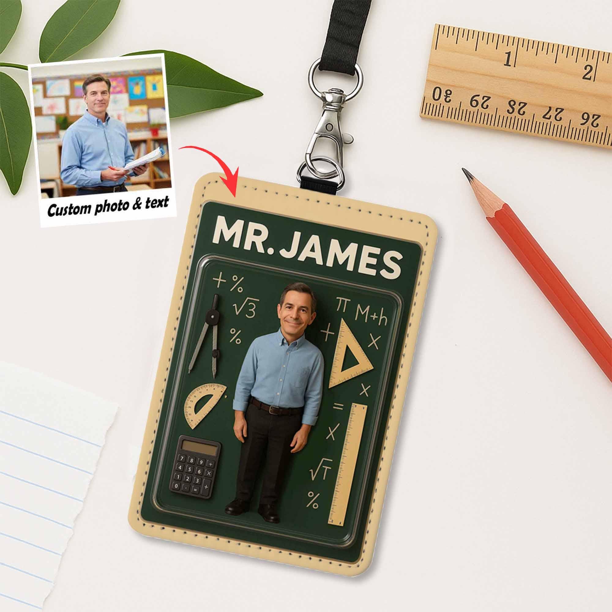 Personalized Math Teacher Badge Holder, Custom Name ID Tag with Calculator and Ruler, Back to School Gift for Math Educators