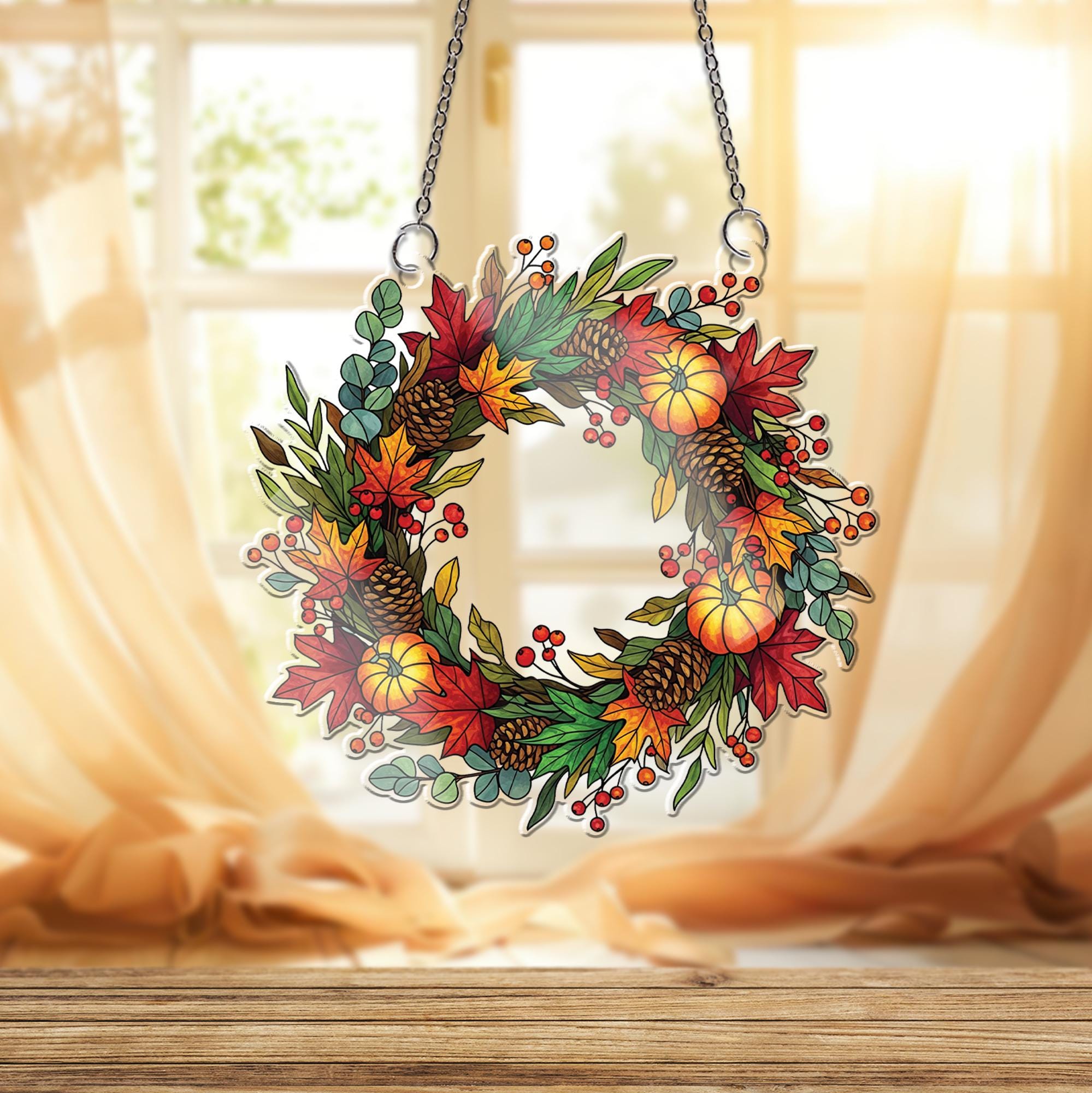 Autumn Laurel Wreath Faux Stained Glass Window Hanging, Pumpkin Pinecone Fall Sun Catcher, Harvest Decor for Thanksgiving Gift
