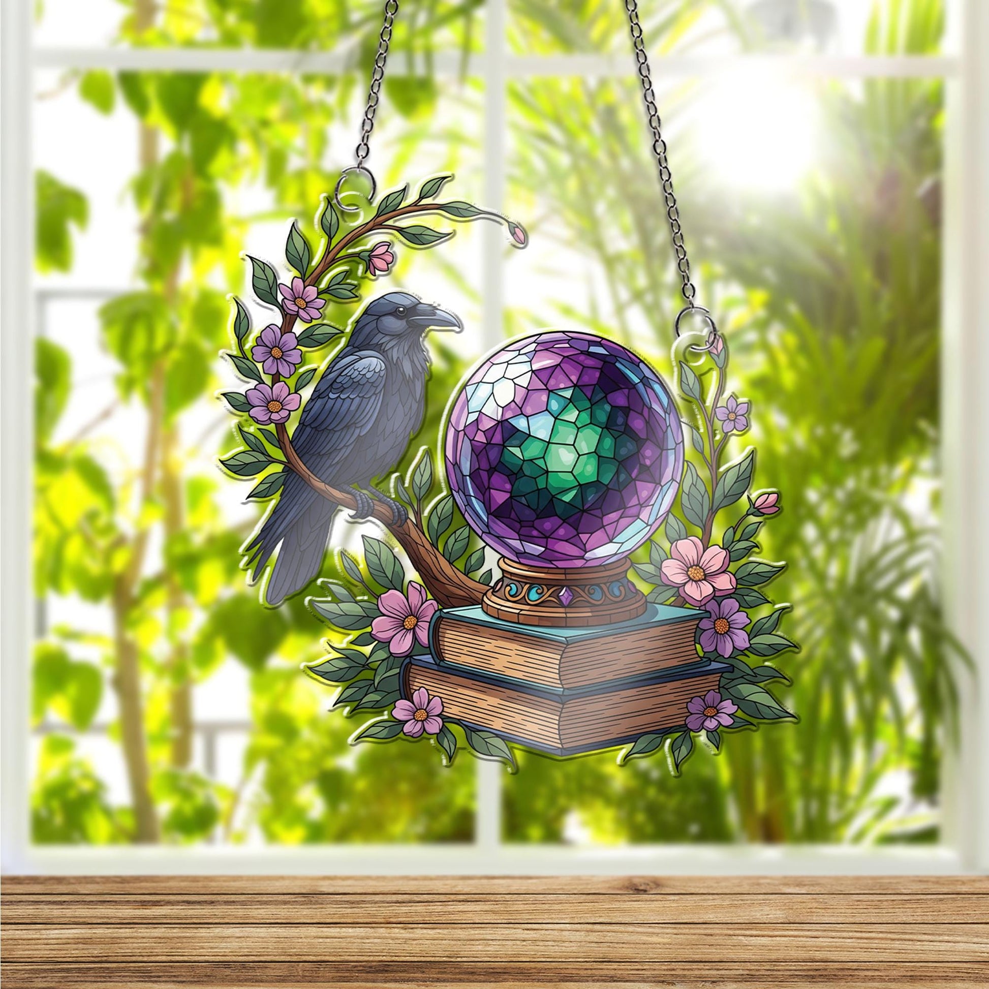 Mystical Raven & Crystal Ball Suncatcher, Witchy Decor, Gothic Home Accent, Fantasy Window Hanging