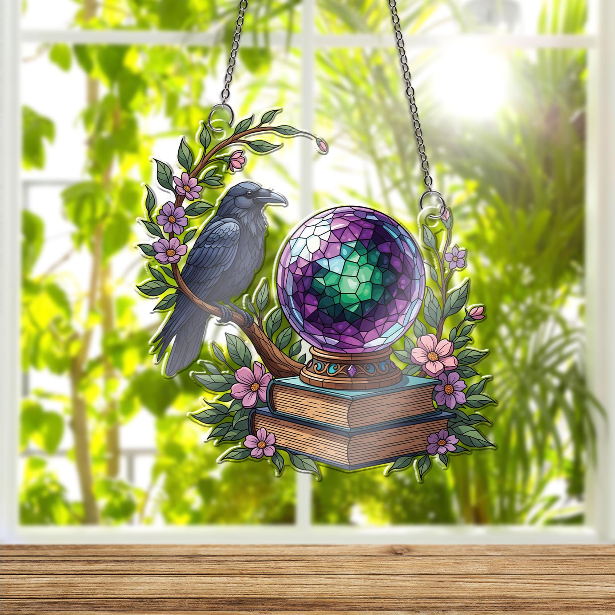 Mystical Raven & Crystal Ball Suncatcher, Witchy Decor, Gothic Home Accent, Fantasy Window Hanging