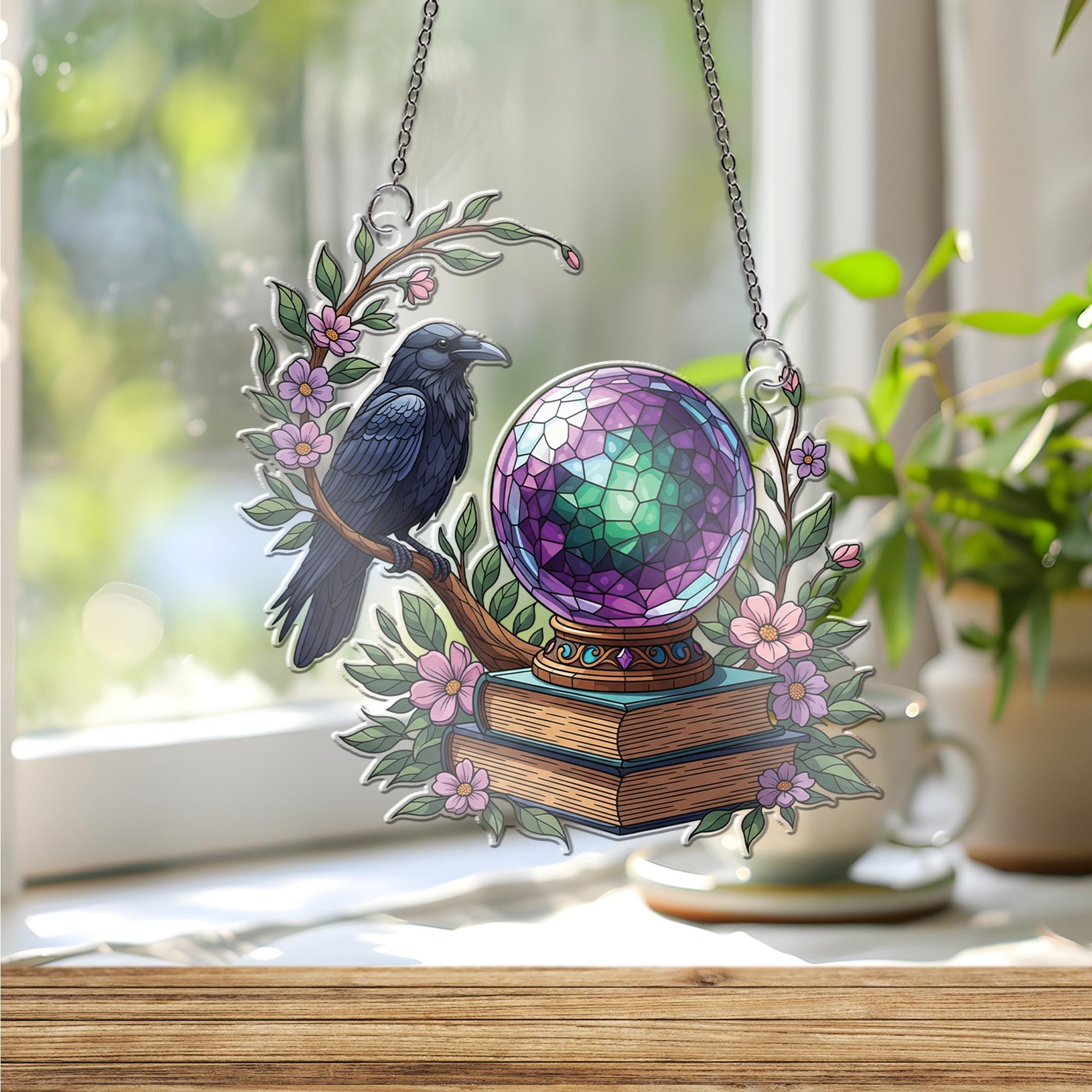 Mystical Raven & Crystal Ball Suncatcher, Witchy Decor, Gothic Home Accent, Fantasy Window Hanging
