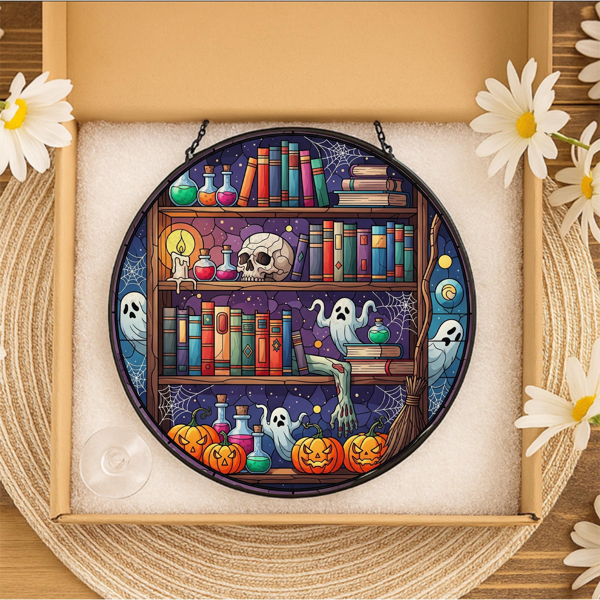 Halloween Bookshelf Faux Stained Glass Suncatcher – Ghost Potion Book Decor, Spooky Witchy Window Hanging, Gothic Fall Gift