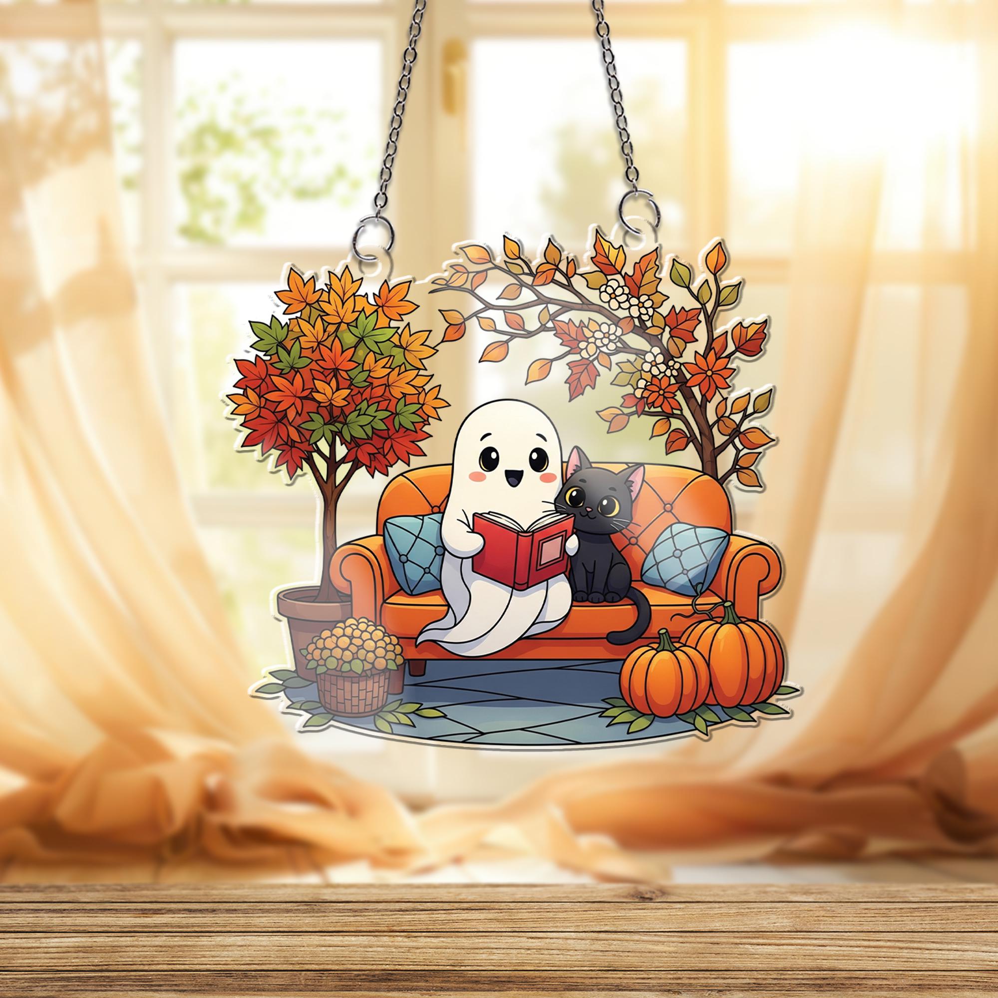 Adorable Ghost & Black Cat Reading Suncatcher, Autumn Fall Decor, Halloween Window Hanging, Cozy Home Accent