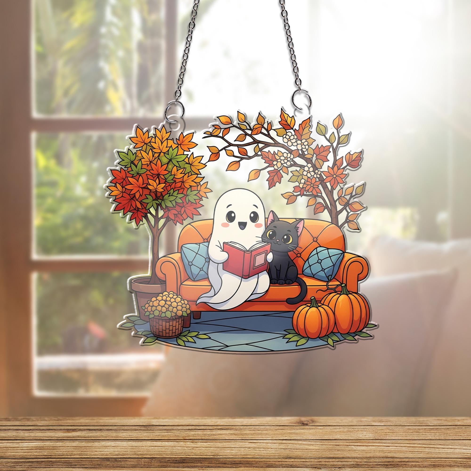 Adorable Ghost & Black Cat Reading Suncatcher, Autumn Fall Decor, Halloween Window Hanging, Cozy Home Accent