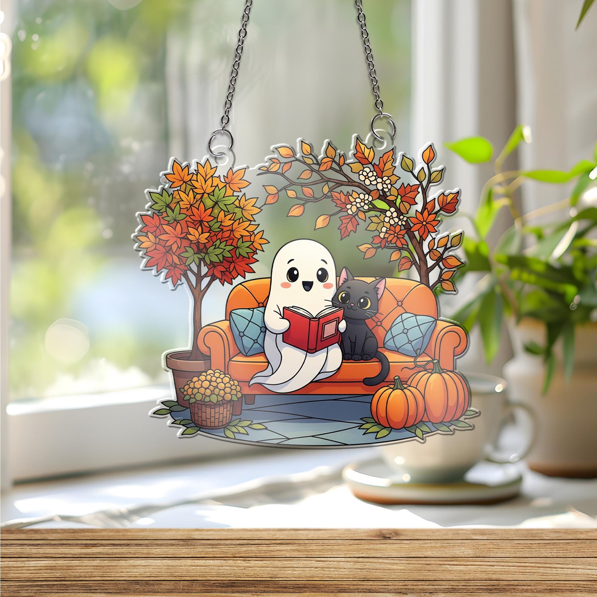 Adorable Ghost & Black Cat Reading Suncatcher, Autumn Fall Decor, Halloween Window Hanging, Cozy Home Accent
