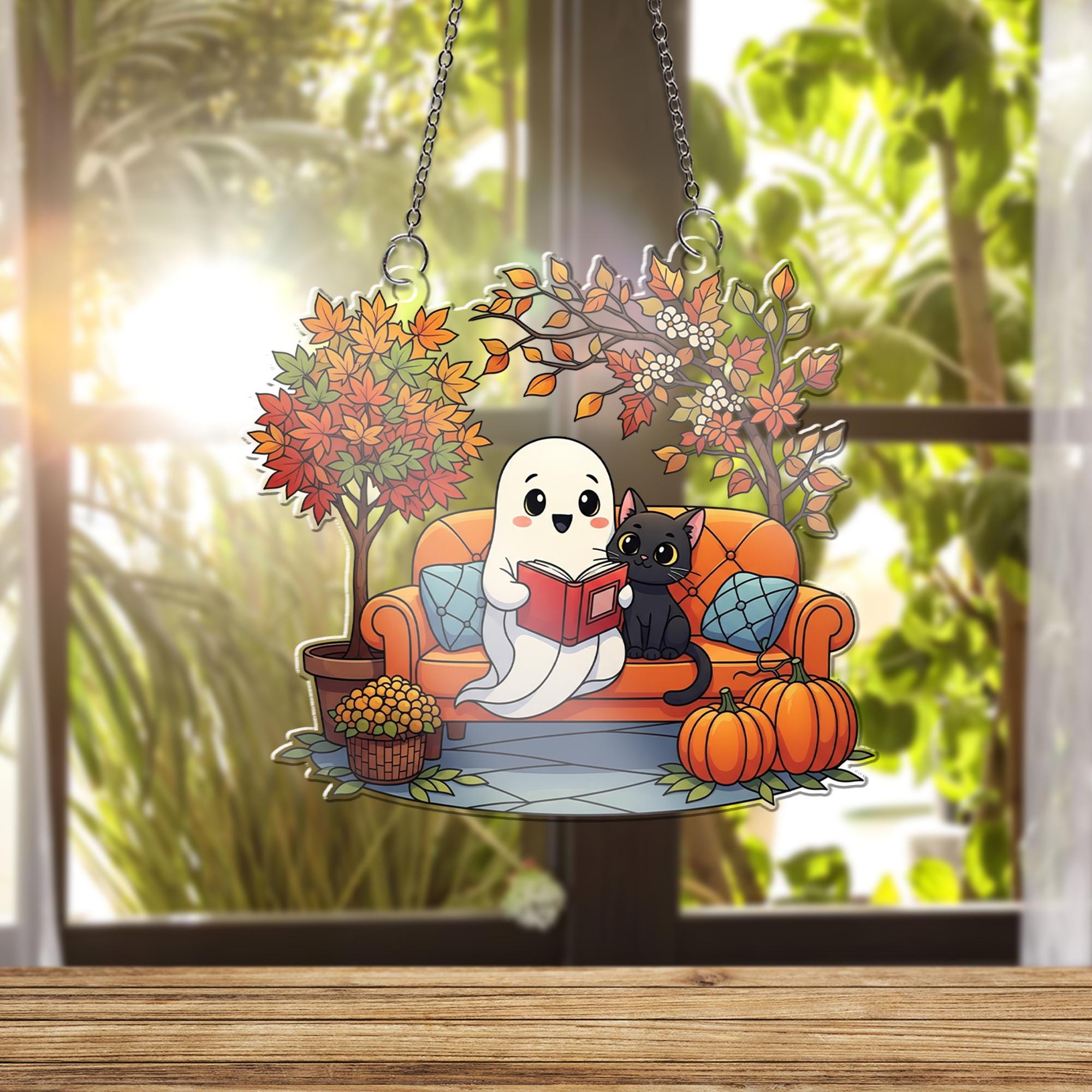 Adorable Ghost & Black Cat Reading Suncatcher, Autumn Fall Decor, Halloween Window Hanging, Cozy Home Accent