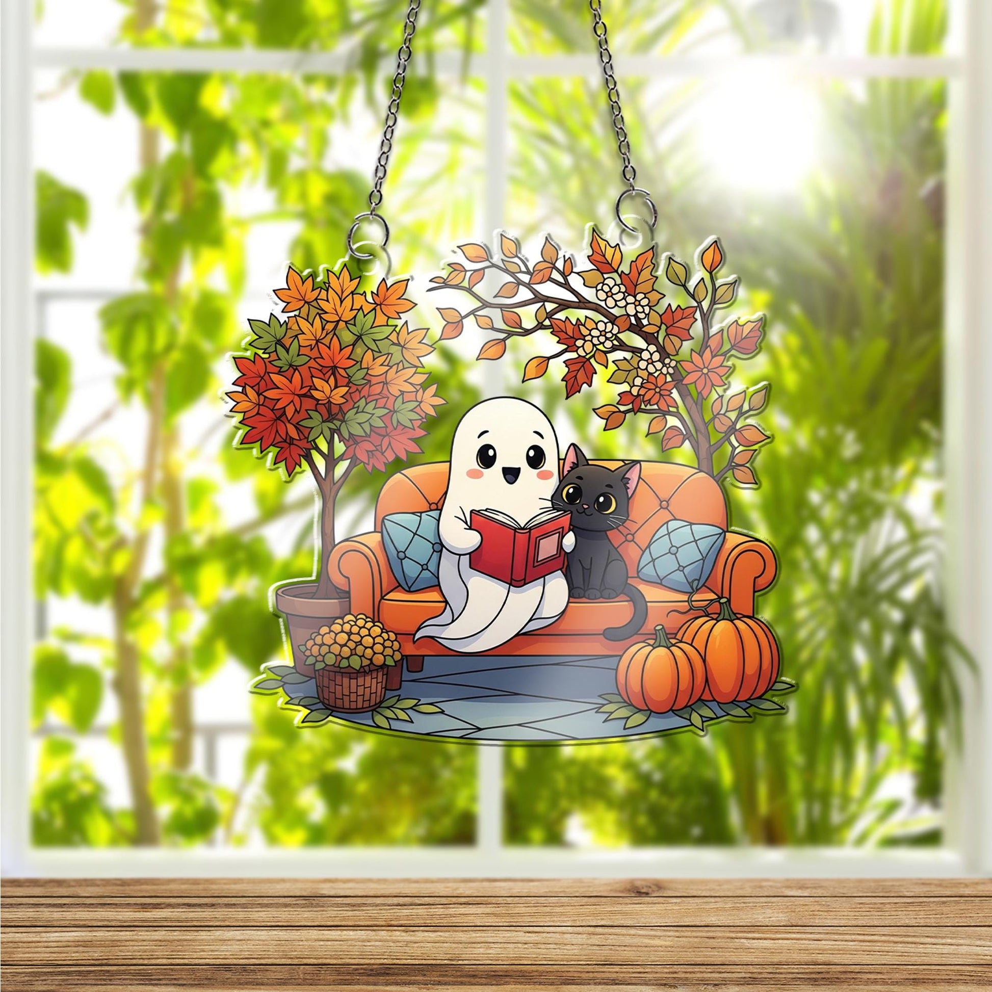 Adorable Ghost & Black Cat Reading Suncatcher, Autumn Fall Decor, Halloween Window Hanging, Cozy Home Accent
