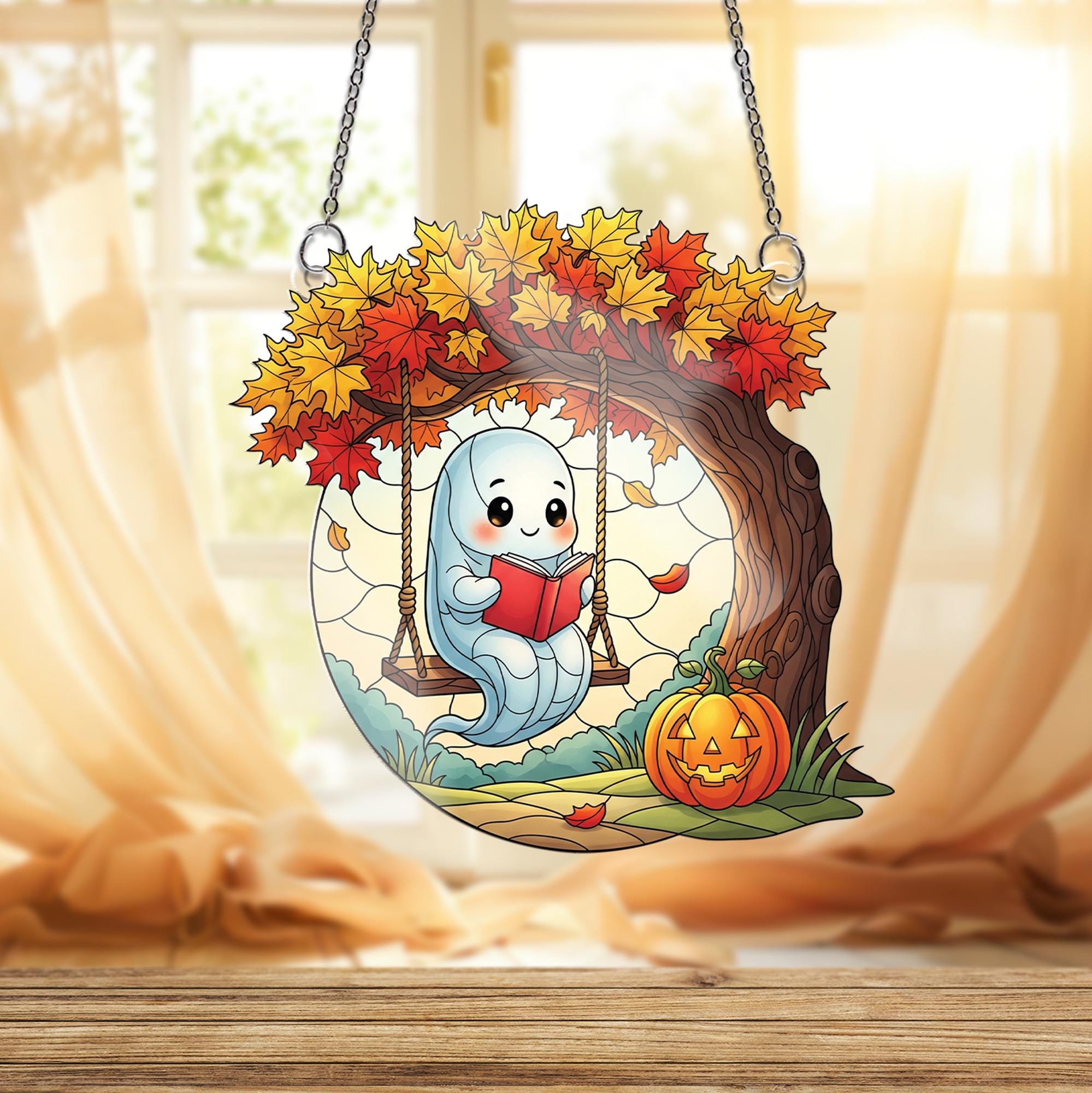 Adorable Ghost on Swing Ornament , Autumn Fall Decor, Halloween Window Hanging, Cozy Maple Tree Art