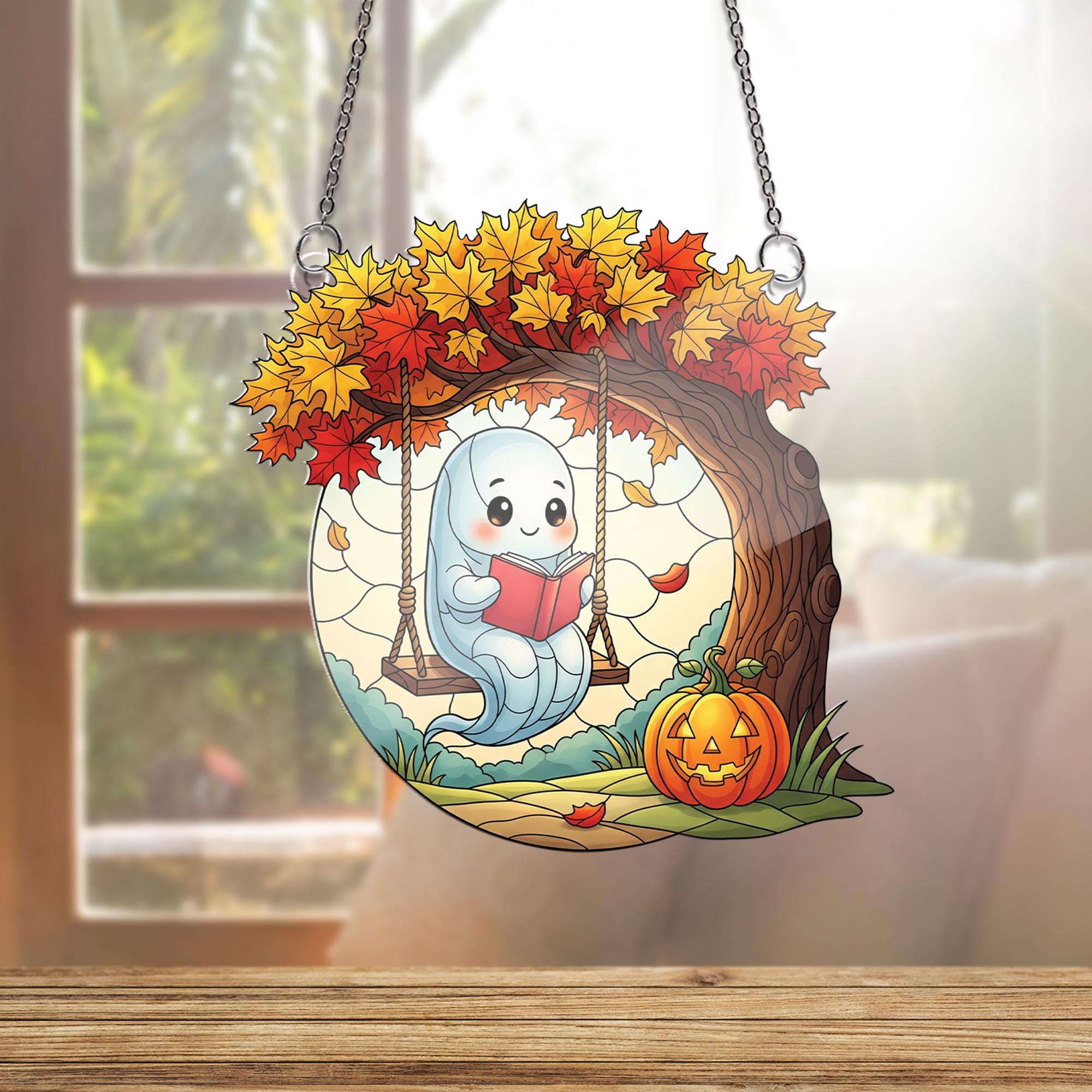 Adorable Ghost on Swing Ornament , Autumn Fall Decor, Halloween Window Hanging, Cozy Maple Tree Art