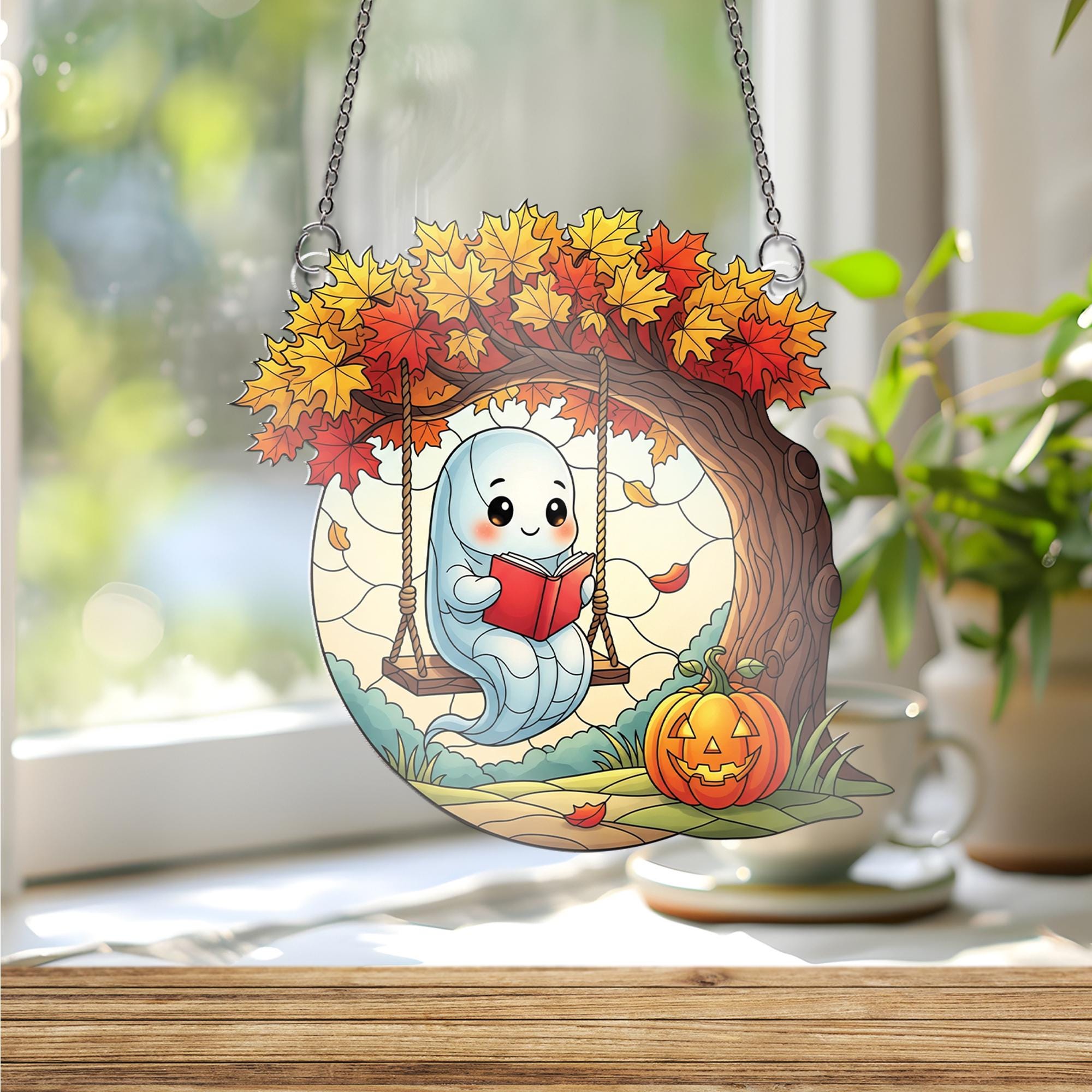 Adorable Ghost on Swing Ornament , Autumn Fall Decor, Halloween Window Hanging, Cozy Maple Tree Art