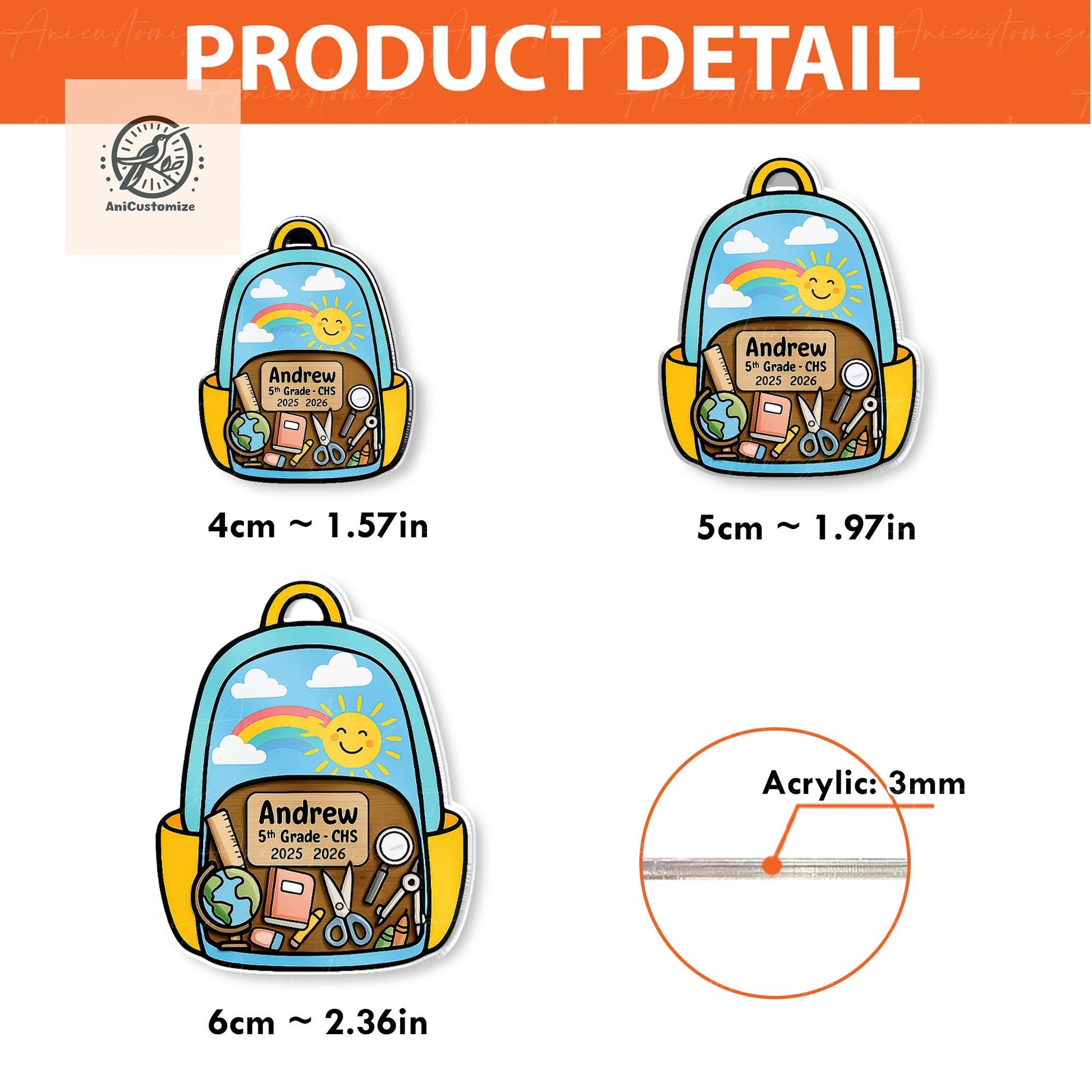 Personalized Backpack Shaker Magnet – Custom Student Name & Grade ID Holder with School Supplies Design, Back to School Gift, School Lockers