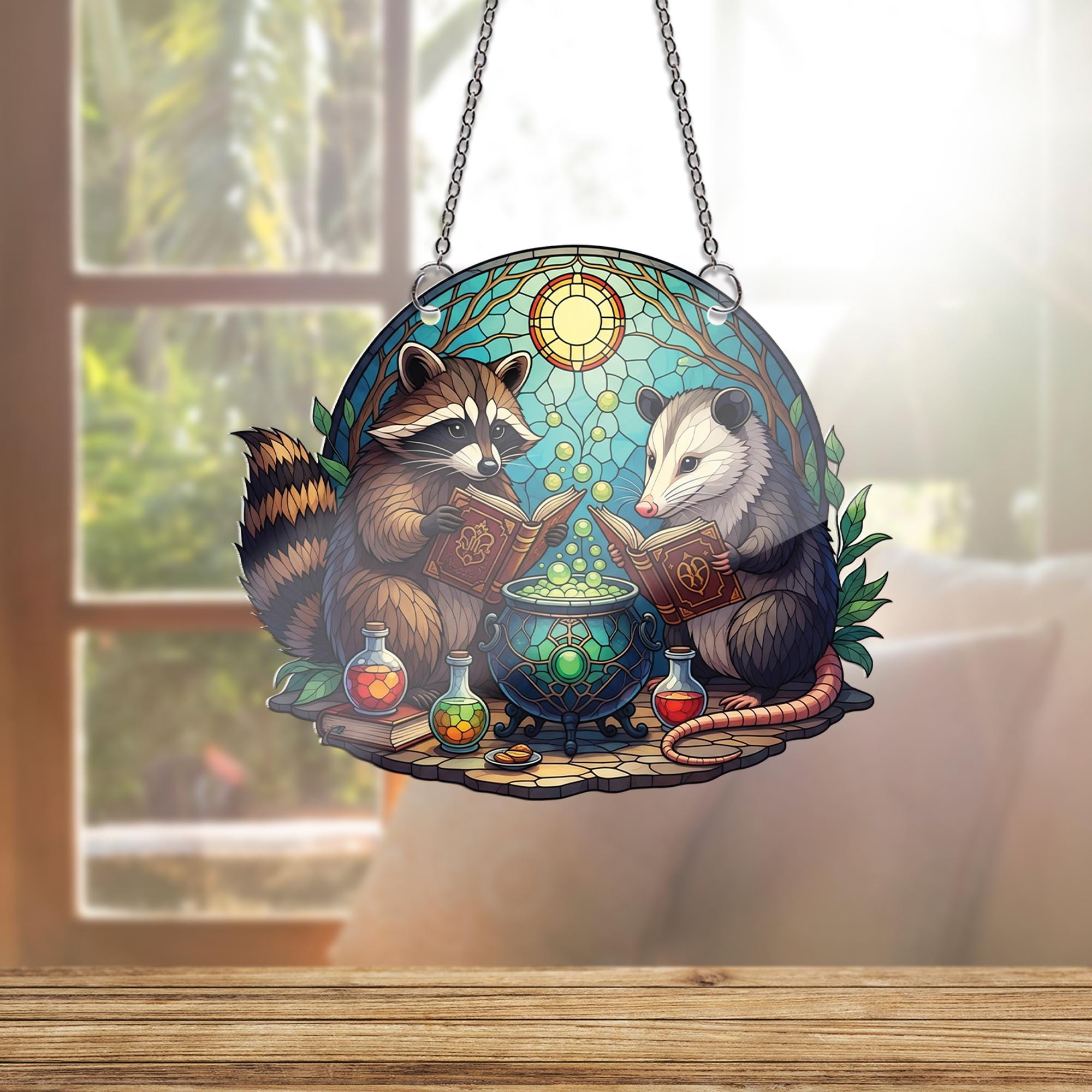 Raccoon & Opossum Witch Suncatcher – Faux Stained Glass Potion Window Hanging, Forest Animal Halloween Decor, Witchy Woodland Gift