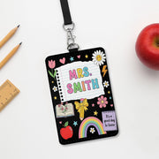 Personalized Teacher Badge Holder, Cute Name Tag for Teachers, Custom Lanyard ID Card, Rainbow Classroom Accessory, Gift for Educator