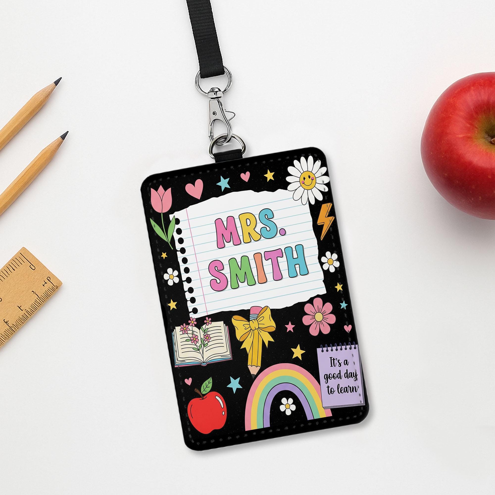 Personalized Teacher Badge Holder, Cute Name Tag for Teachers, Custom Lanyard ID Card, Rainbow Classroom Accessory, Gift for Educator