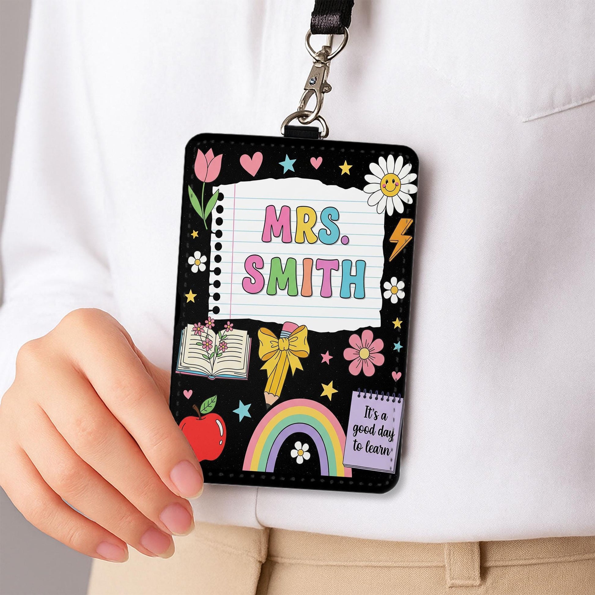 Personalized Teacher Badge Holder, Cute Name Tag for Teachers, Custom Lanyard ID Card, Rainbow Classroom Accessory, Gift for Educator