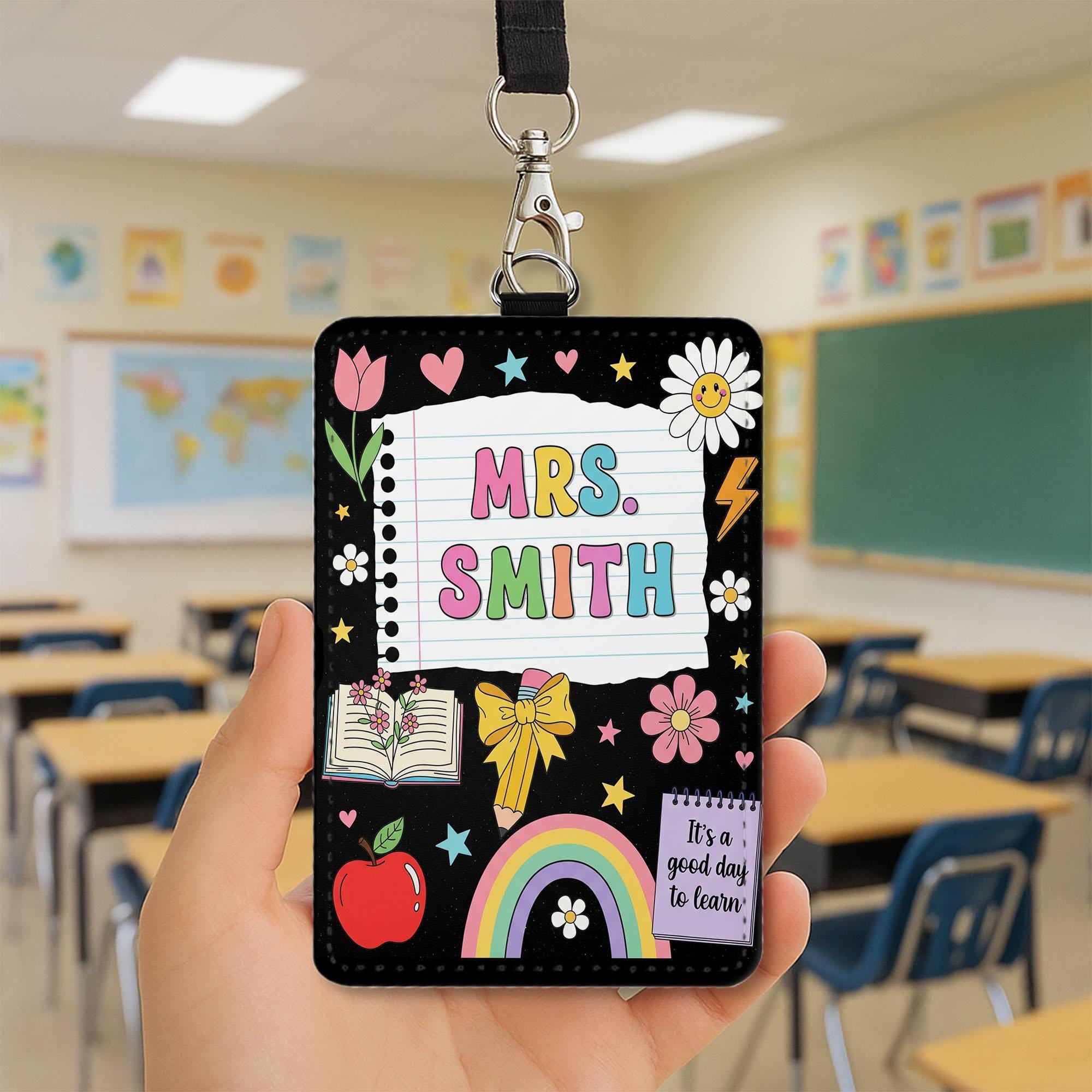 Personalized Teacher Badge Holder, Cute Name Tag for Teachers, Custom Lanyard ID Card, Rainbow Classroom Accessory, Gift for Educator