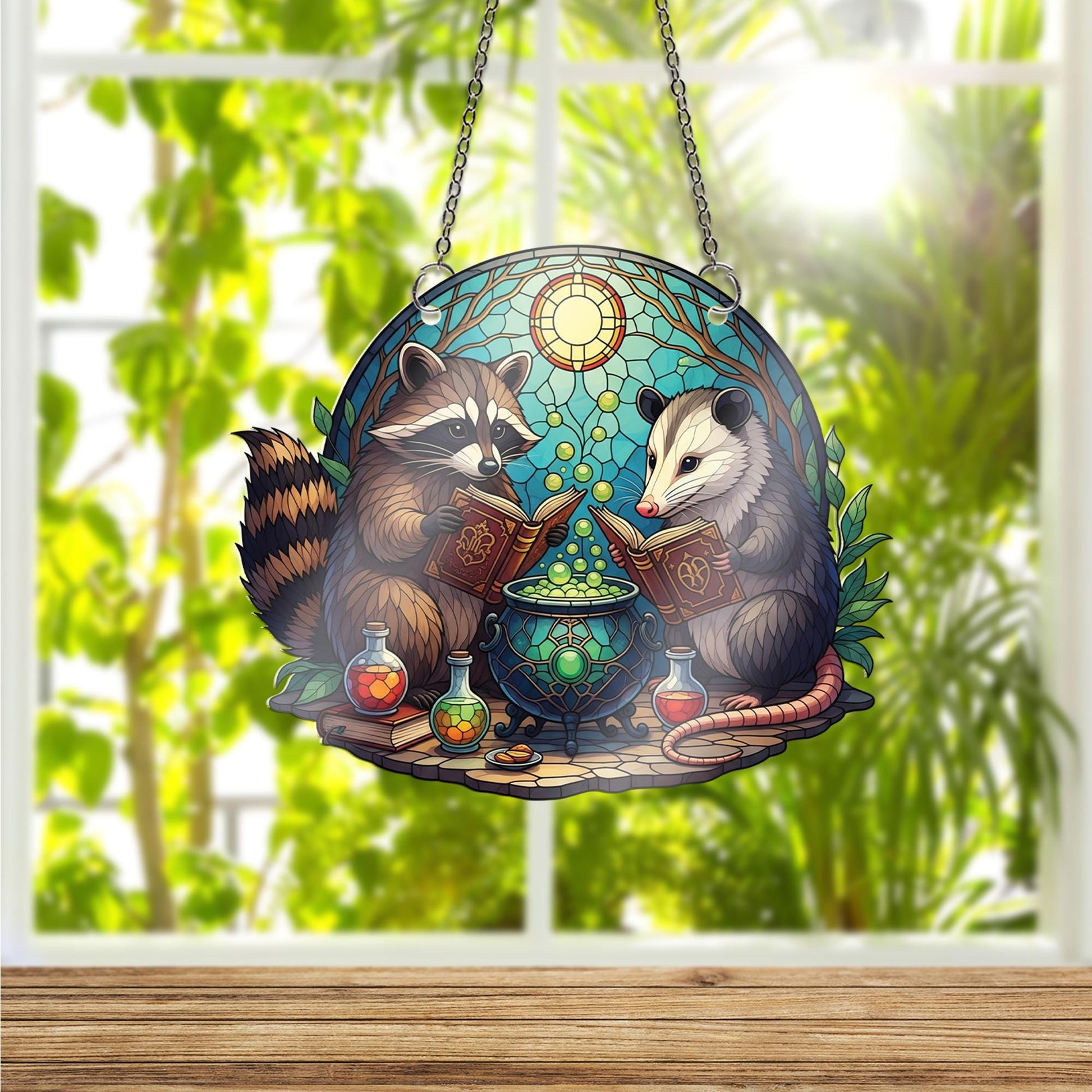 Raccoon & Opossum Witch Suncatcher – Faux Stained Glass Potion Window Hanging, Forest Animal Halloween Decor, Witchy Woodland Gift