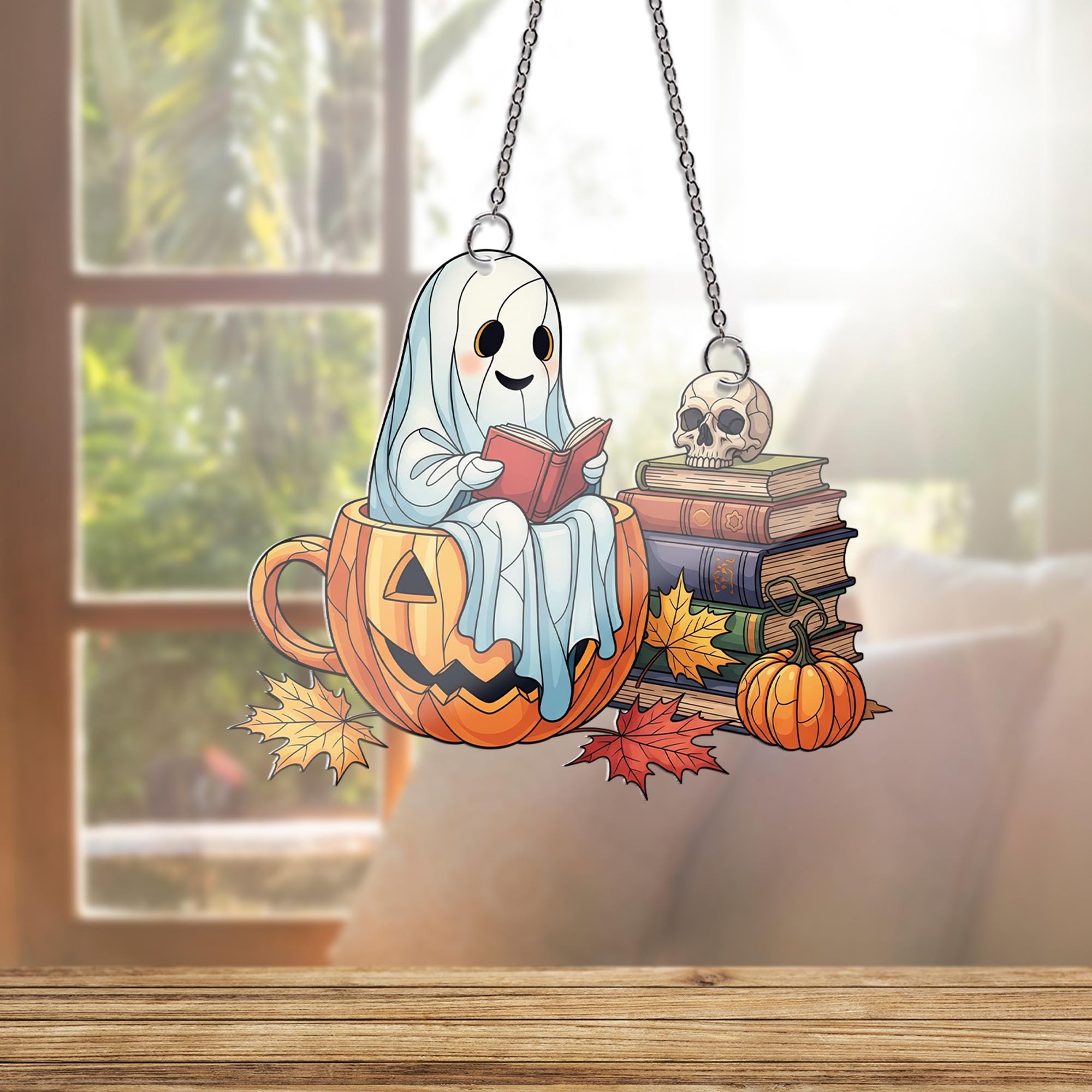 Adorable Ghost in Pumpkin Mug Suncatcher, Fall Books & Skull Decor, Halloween Window Art, Cozy Reading Gift