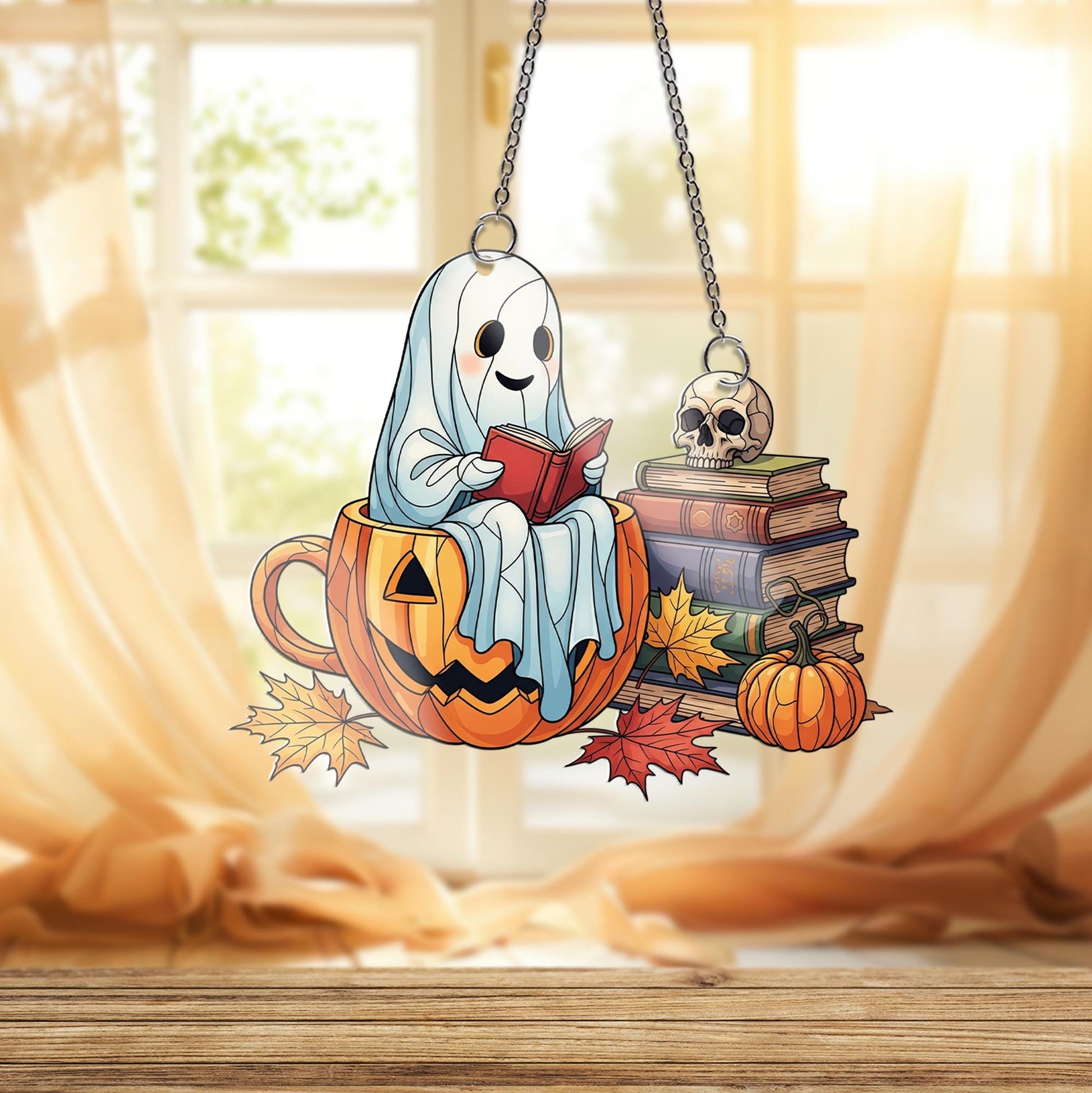 Adorable Ghost in Pumpkin Mug Suncatcher, Fall Books & Skull Decor, Halloween Window Art, Cozy Reading Gift