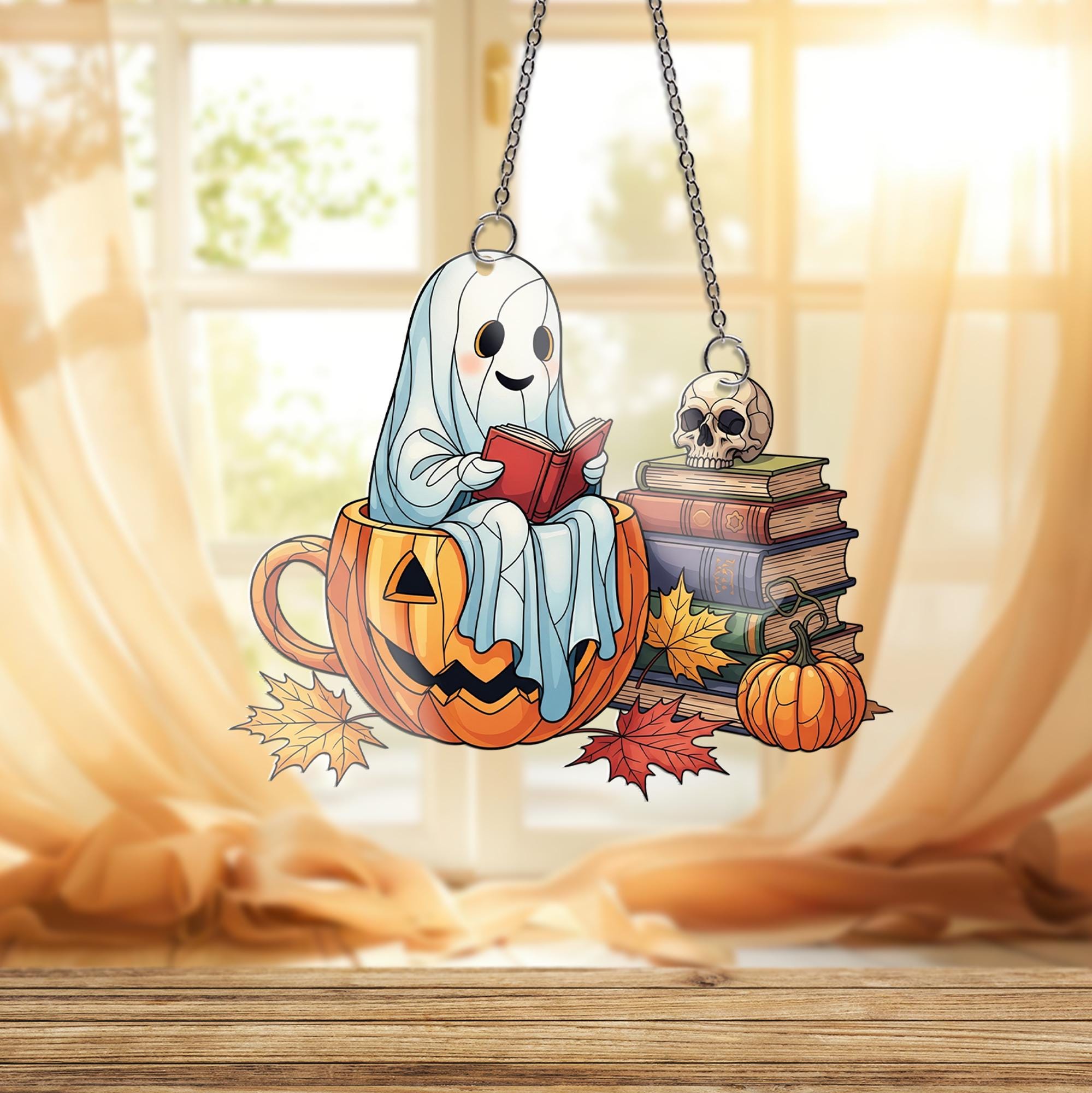 Adorable Ghost in Pumpkin Mug Suncatcher, Fall Books & Skull Decor, Halloween Window Art, Cozy Reading Gift