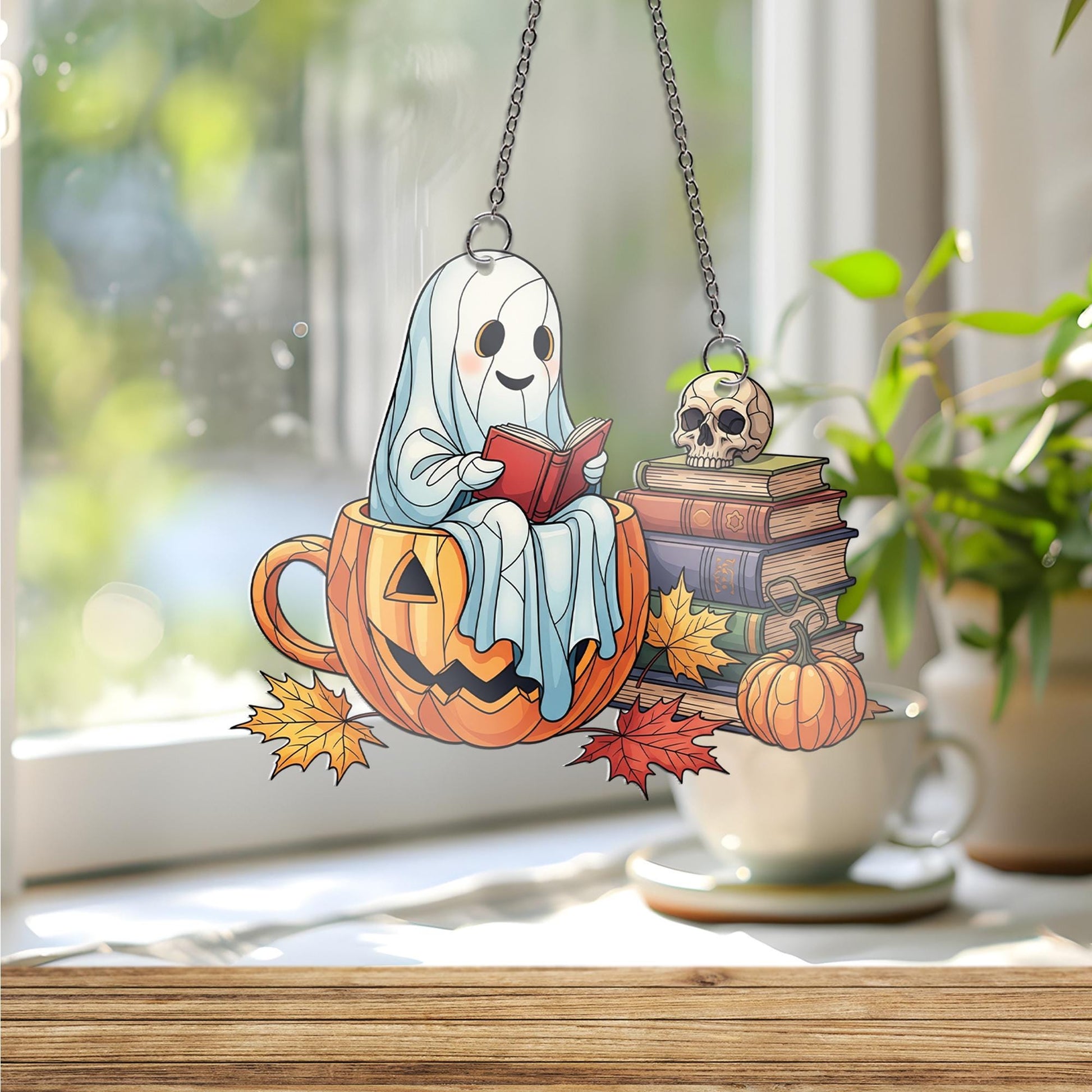 Adorable Ghost in Pumpkin Mug Suncatcher, Fall Books & Skull Decor, Halloween Window Art, Cozy Reading Gift