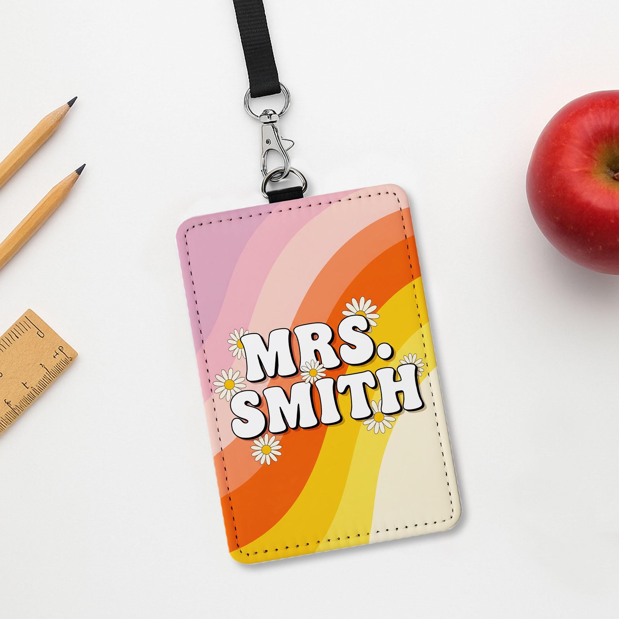 Personalized Teacher Badge Holder, Retro Rainbow Name Tag for Teachers, Custom Lanyard ID Card, Cute Groovy Teacher Gift