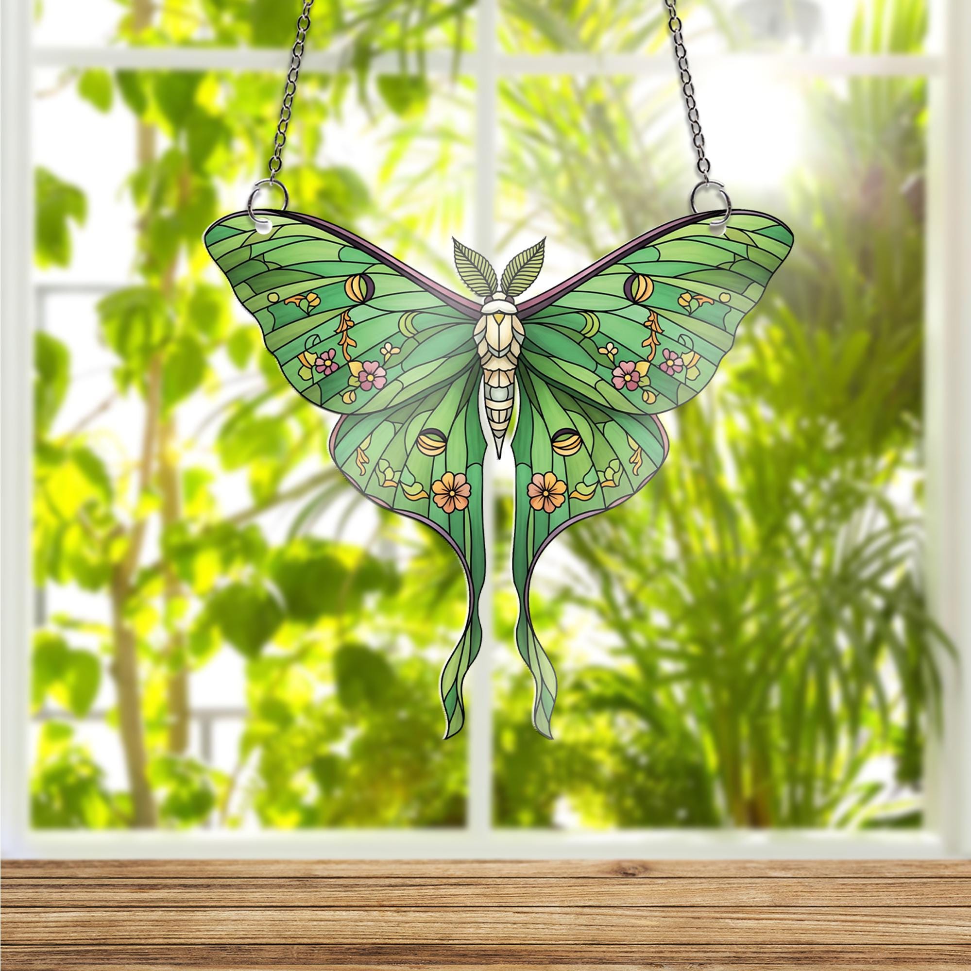 Floral Luna Moth Acrylic Window Hanging Green Moth Window Hanging, Botanical Boho Home Decor, Nature Lover Gift